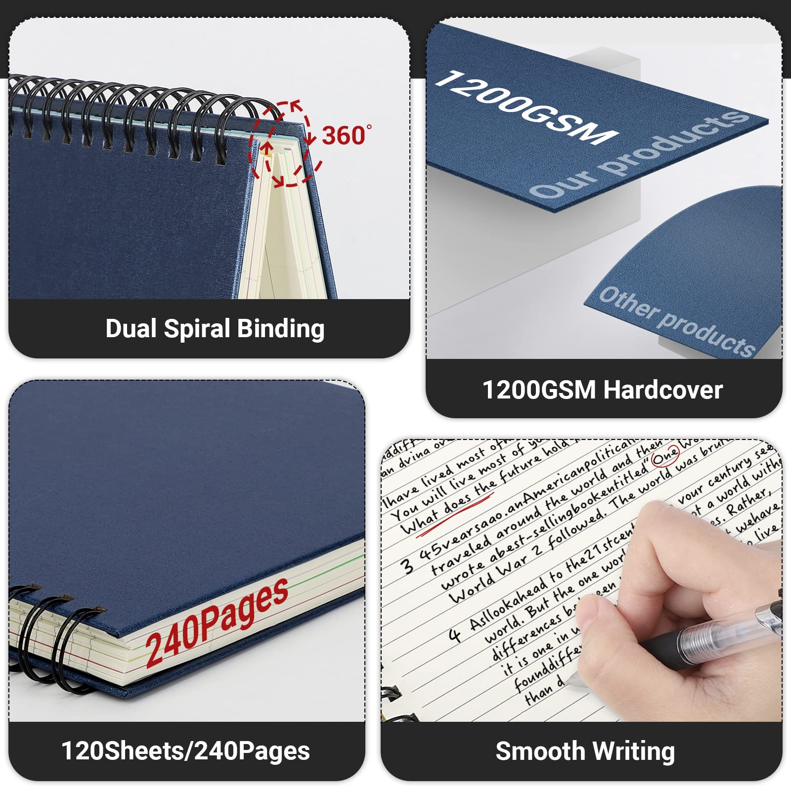 EUSOAR Quaderno a spirale, 3 pezzi B5 18,5 x 25,9 cm, 5 soggetti a righe universitarie, 100 g/m², 120 fogli/240 pagine di carta a righe, per scuola, forniture per la casa, ufficio e affari, blu reale