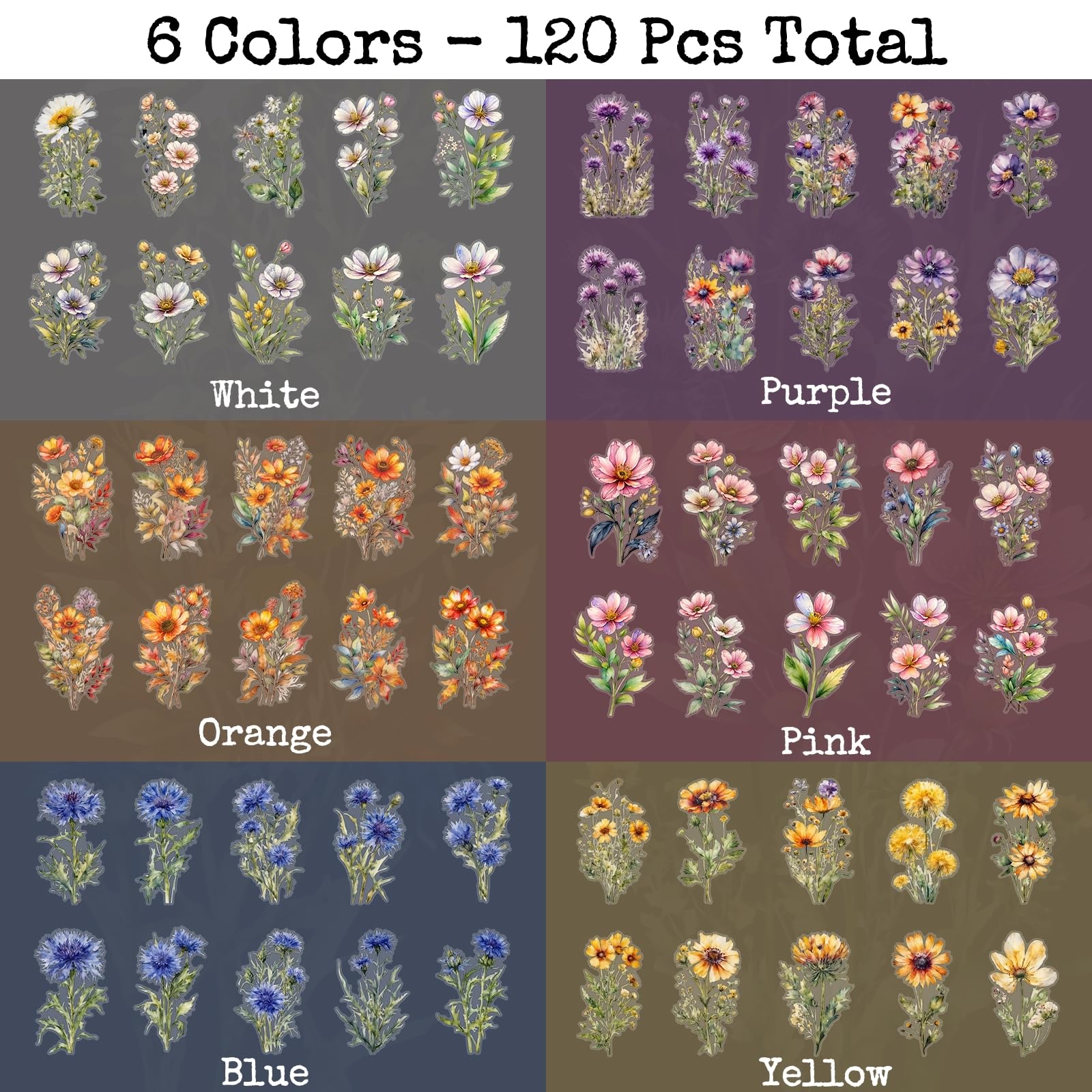 Knaid 120-teiliges Aquarell-Blumenaufkleber-Set – groß, 11,9 cm, wasserdicht, transparent, botanische Blumen, Journaling-Aufkleber für Sammelalben, Junk-Tagebuch, Zubehör, Bullet Journals, Planer,