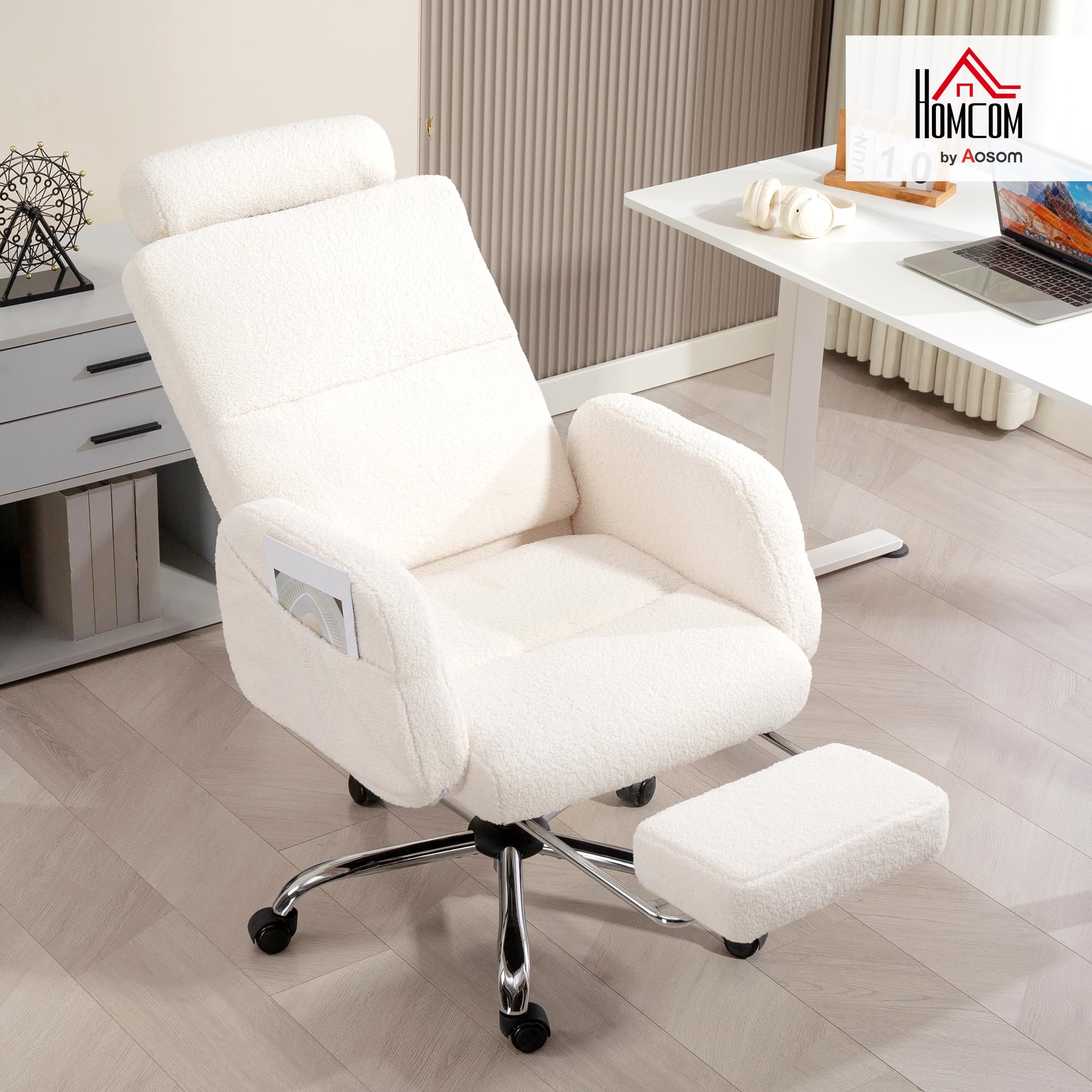 HOMCOM Silla de Escritorio con Reposapiés Silla de Oficina Borreguito Crema | Respaldo Reclinable, Reposacabezas Ajustable, Respaldo Alto, Altura Ajustable