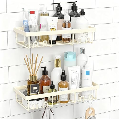 Moforoco Estante organizador de estante para ducha, cesta autoadhesiva negra para estantes de baño, decoración interior de pared de casa de campo,