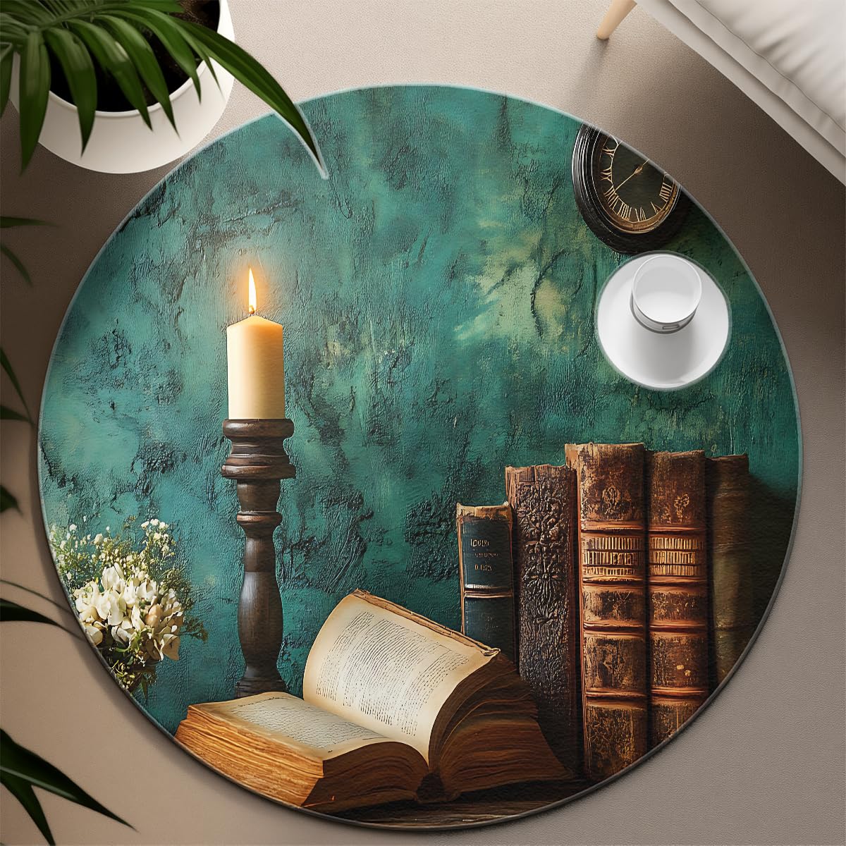 Alfombras redondas vintage biblioteca 100cm Libros viejos vela reloj pared verde texturizada alfombrilla lavable antidesl pelo bajo fina resist manchas para Oficina estudio