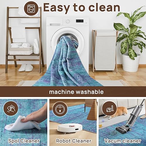 Miniatura 7 de Alfombra abstracta de 5 x 7 pies, moderna, color verde azulado y morado, para sala de estar, lavable, suave, grande, antideslizante, para comedor,