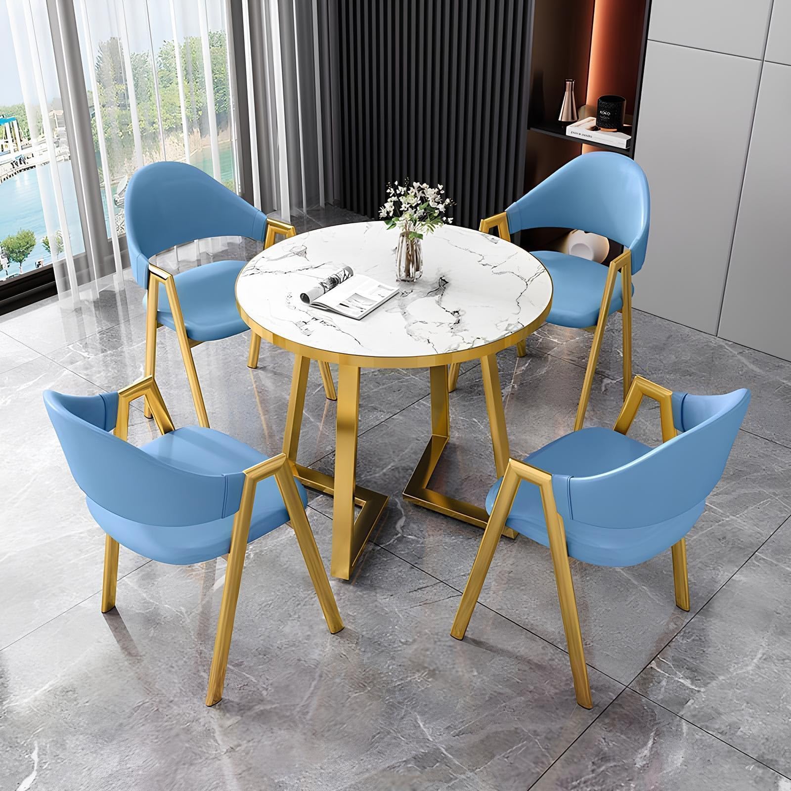 Modern Round Dining Table Set with 4 Chairs Faux Marble Small Conference Table and Chair Set for Office Blue