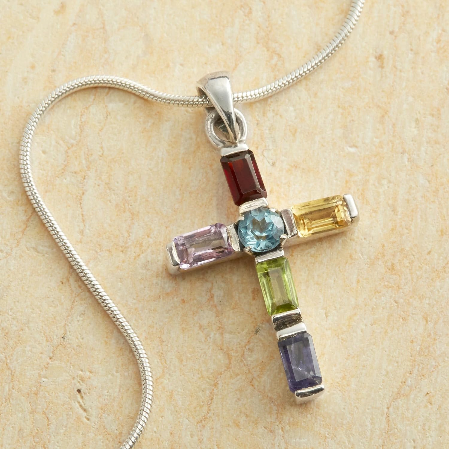 NOVICA Artisan Handmade Multigemstone Cross Choker Sterling Silver Religious Rhodium Plated Blue Topaz Garnet Peridot Green Multicolor Purple Red Pendant India Birthstone [15.75 in L Pendant(s) 1.4 I]