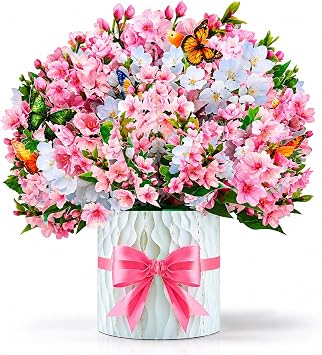 Cherry Blossom Bouquet Pop-Up Card, 3D Floral Greeting Card , Suitable for Any Occasion, Birthday, Mothers Day, Anniversary, Valentines Day, Wife or Friend, Floral Card With Envelope and Blank Note