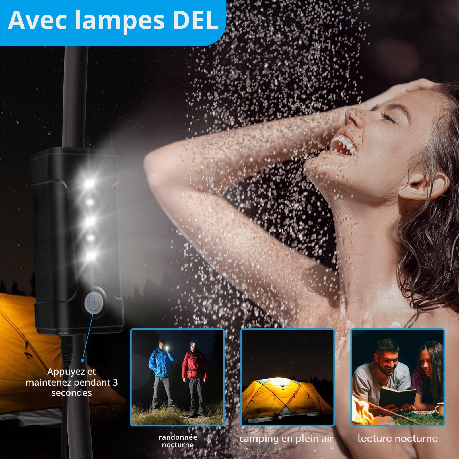 Douche de Camp Portable,Pompe de Douche avec Piles USB Amovibles,Pomme de Douche Portable d'extérieur,Pompe l'eau du Seau en Un Jet de Douche Doux et Constant, pour Le
