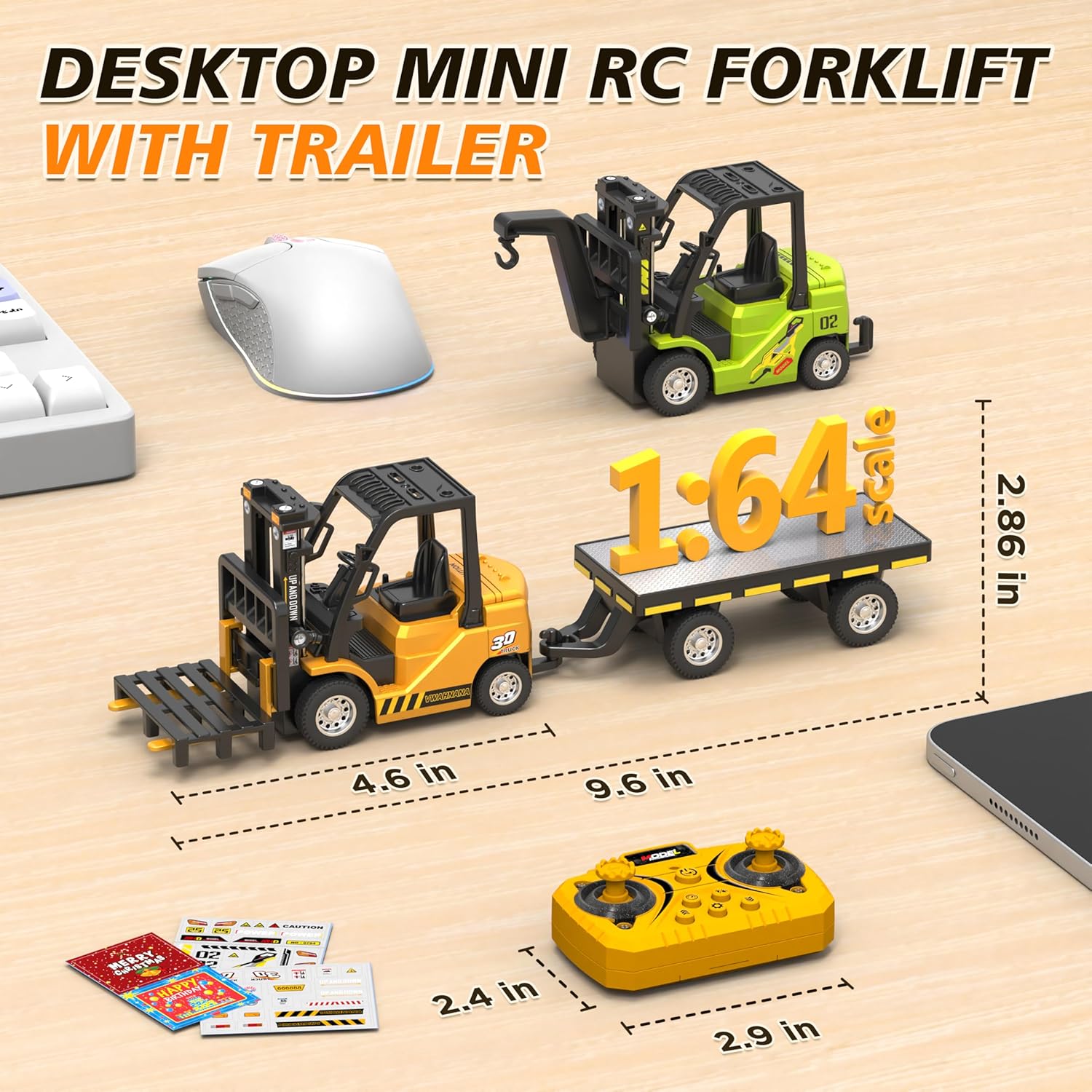 1/64 RC Forklift Toy, 3 in 1 Mini Forklift Remote Control & App Remote Control Forklift with Trailer & Fork & Hook, 10CH Alloy RC Construction Vehicles, Desktop Toy for Adults Kids Boys Gift