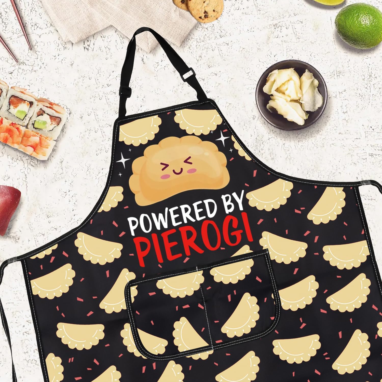 Gzrlyf Powered By Pierogi Apron Polish Dumplings Apron Polish Pierogi Gifts for Pierogi Lover Maker Cooking Kitchen Apron image 2