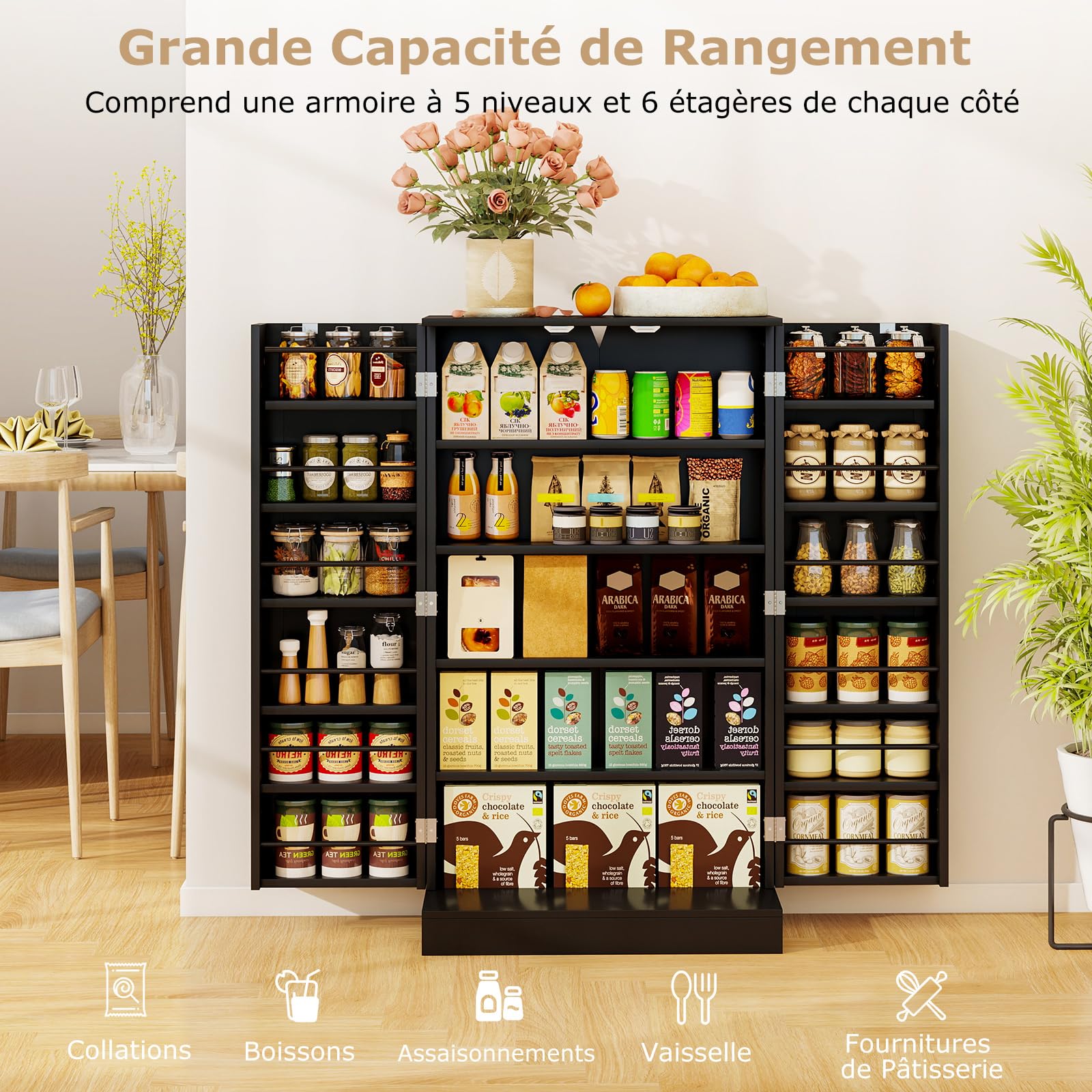 COSTWAY Armoire de Cuisine 2 Portes avec 16 Étagères, Meuble Cuisine Rangement avec Dispositif Anti-Renversement, Buffet pour Salle à Manger, Salon, Noir