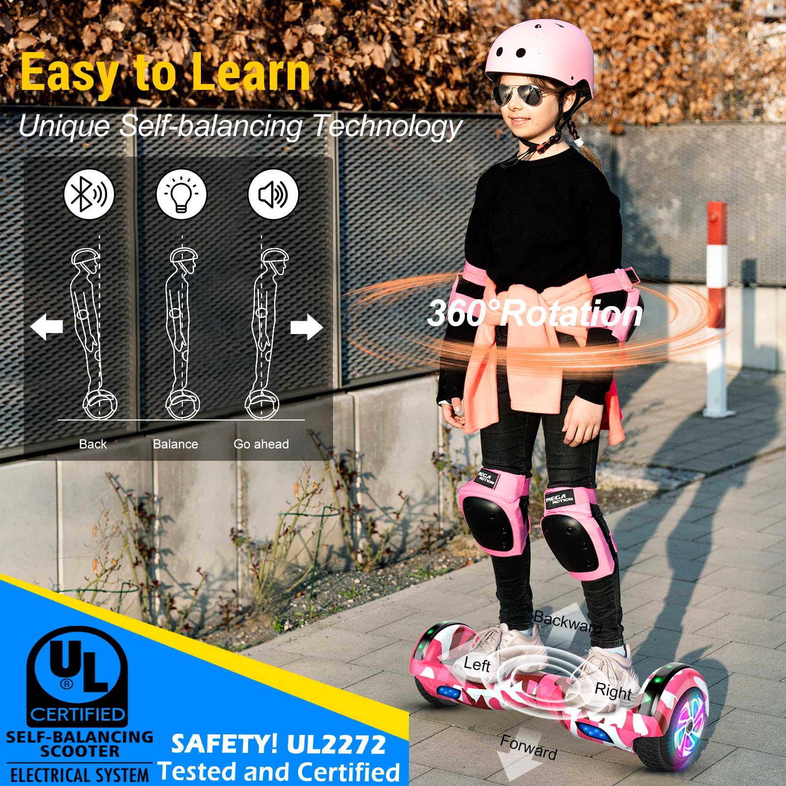 Offroad Hoverboard mit Bluetooth-Lautsprechern LED-Licht, Rutschfeste Fußpolster,6.5 Zoll Reifen Leistungsstarke große Batterie Hoverboard