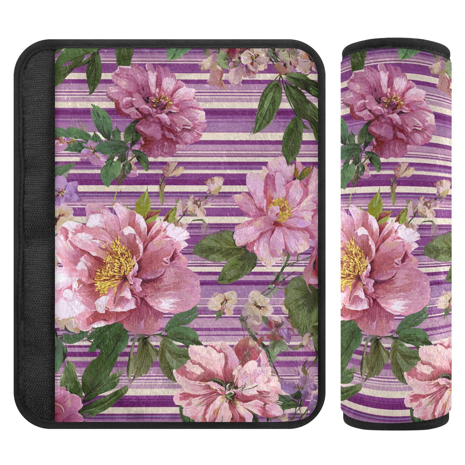 2 Pack Seatbelt Covers Seat Belt Cover Pad for Adults Boys Girls Car Seat Strap Covers Pads Cushion Universal Shoulder Strap Pad Protector for Backpack Camera Bag 6.5 Inch Cute Pink Striped Roses