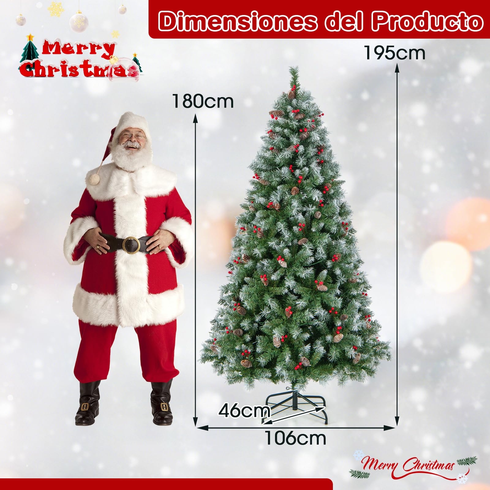 COSTWAY Árbol de Navidad con Luces Incorporadas 195cm, 420 Luces LED Blancas Cálidas, 8 Modos, Arbol de Navidad Decorado, Nieve, 69 Pinos, 207 Bayas Rojas, 909 Ramas de PVC (195cm)