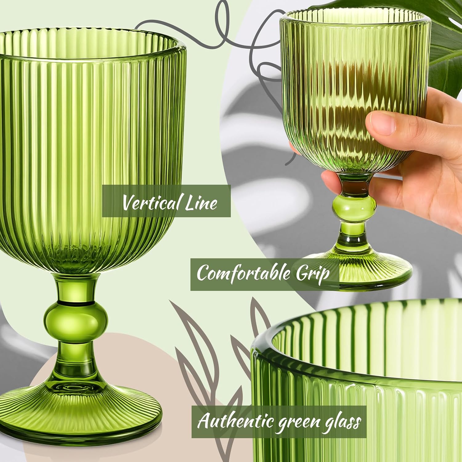Green Glass Goblets Set of 8, 13 oz Vintage Goblet Glassware Decorative Wine Glasses, Cute Water Drinking Cups, Vertical Line Embossed Pattern Drinkware Cocktail Set for Xmas Gifts