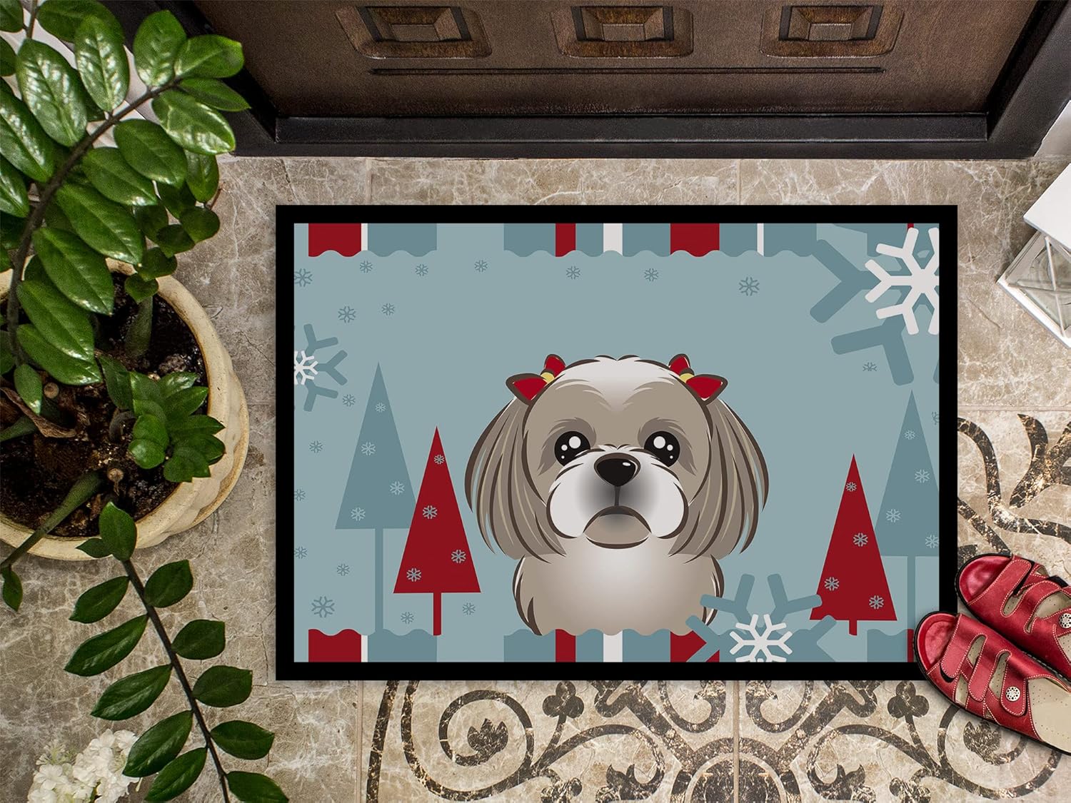 Caroline's Treasures BB1746JMAT Winter Holiday Gray Silver Shih Tzu Doormat 24x36 Front Door Mat Indoor Outdoor Rugs for Entryway, Non Slip Washable Low Pile, 24H X 36W