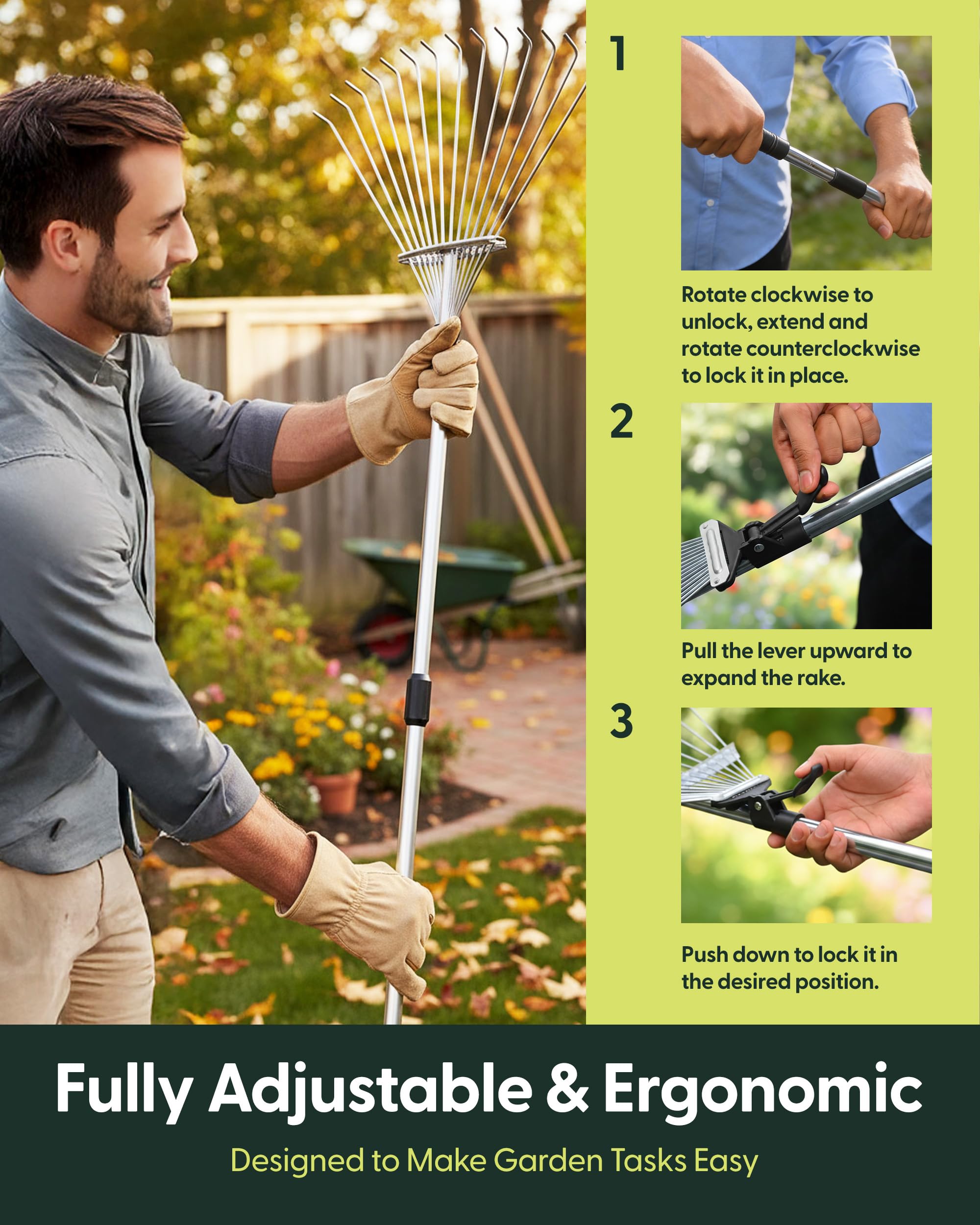 Keplin Garden Rake with Telescopic Handle – 80 to160cm Adjustable Rake, 15 Tine Expanding Metal Rake for Leaves, Lawn, Yard & Soil Cleanup, Foldable Space-Saving Design, Versatile Garden Tool — view 4