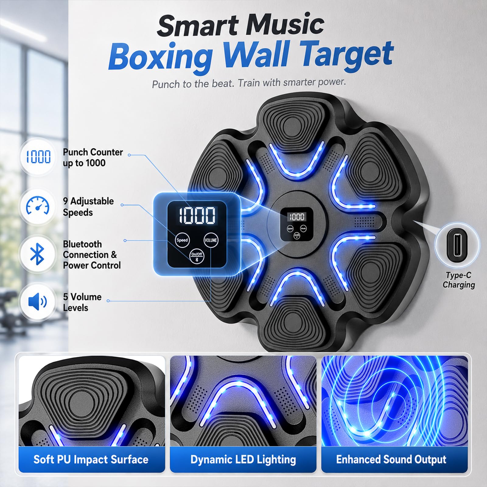 Machine da boxe con musica, Bluetooth, 9 modalità di allenamento, 2 paia di | Strumento di allenamento per alleviare lo stress con contatore di colpi, per adulti, fitness a casa