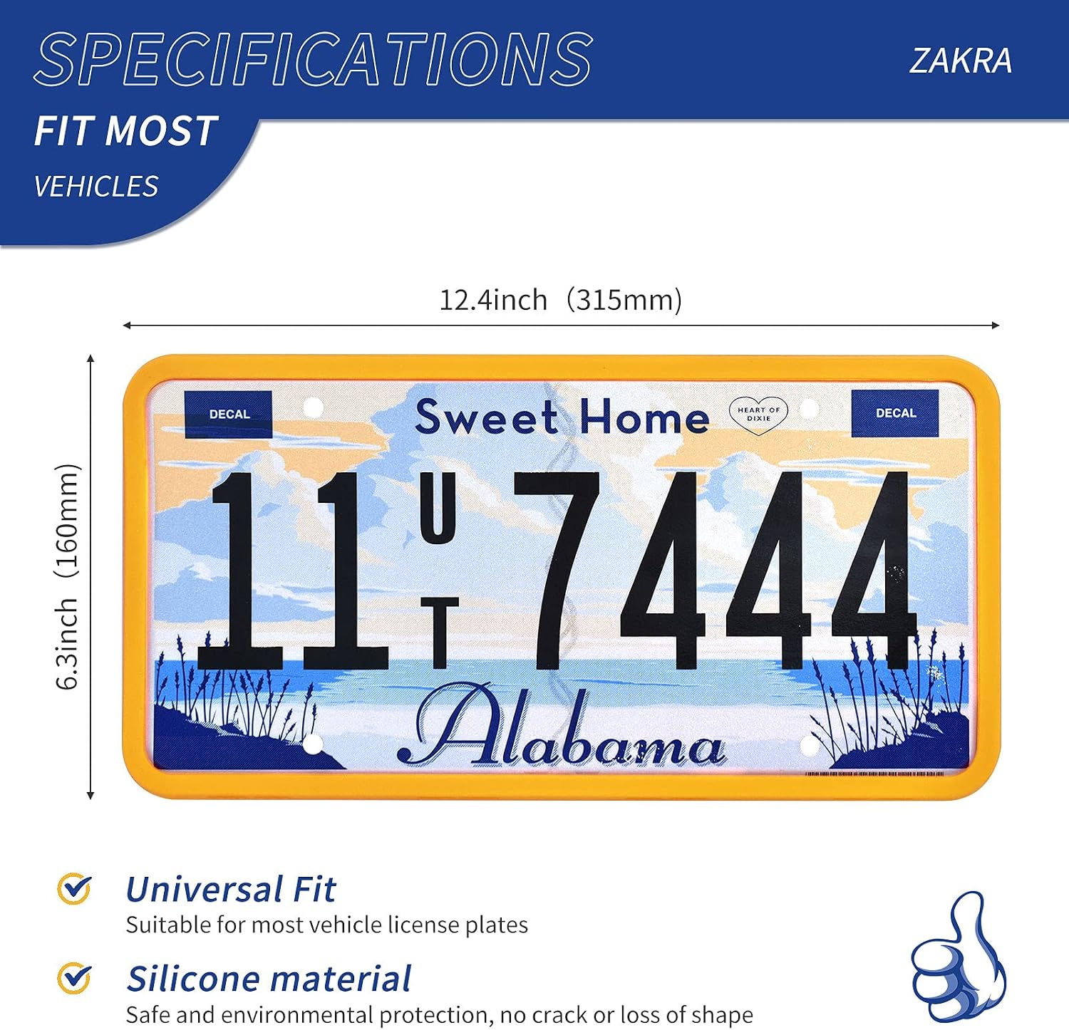 ZAKRA 2 Pack Racing Yellow Silicone License Plate Frame, 100% Street Legal & Zero Obstruction, Sporty Aesthetic Car Accessories, High-Visibility Rattle-Free Universal Car Tag Holder for JDM image 3