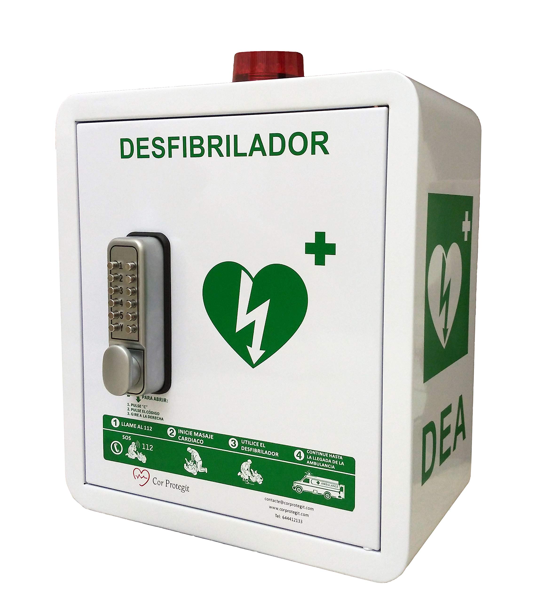 Cabina Ibis para desfibrilador con alarma sonora y visual y combinación mecánica. Especial comunidad de vecinos, anti-robo anti-hurto del DEA AIVIA
