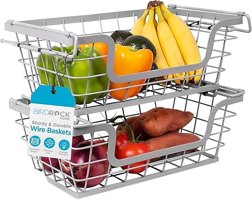 BirdRock Home - 2 unidades de cestas apilables en alambre para almacenamiento de frutas y verduras, para colgar o como estante de pared o cubo de