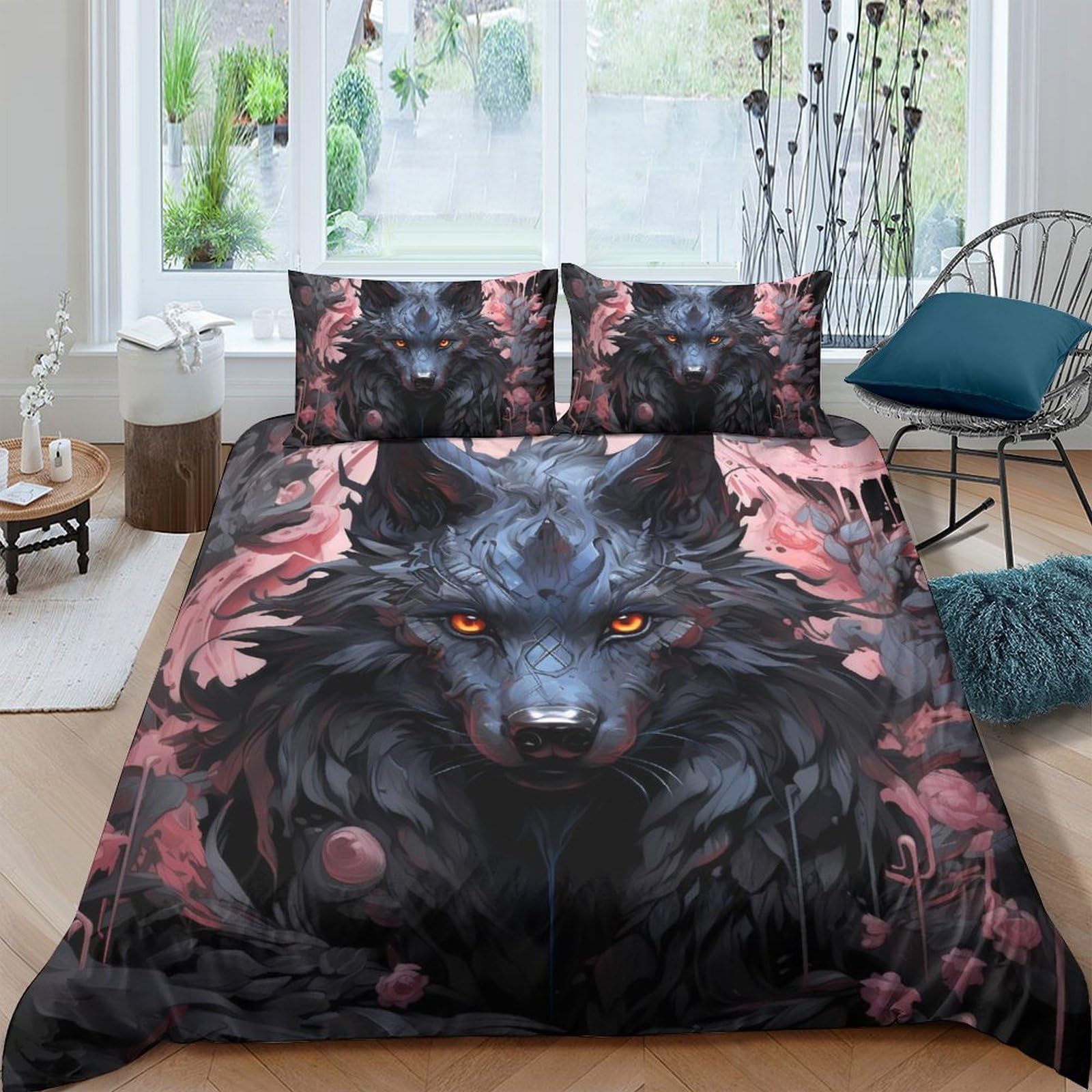 Ctjqhvkz Style-9 3D Printed Dark Wolf Fitted Sheet Microfiber Soft Breathable Fire Eyes Bed Cover For Bedroom Dorm Decor Single（135X200cm）