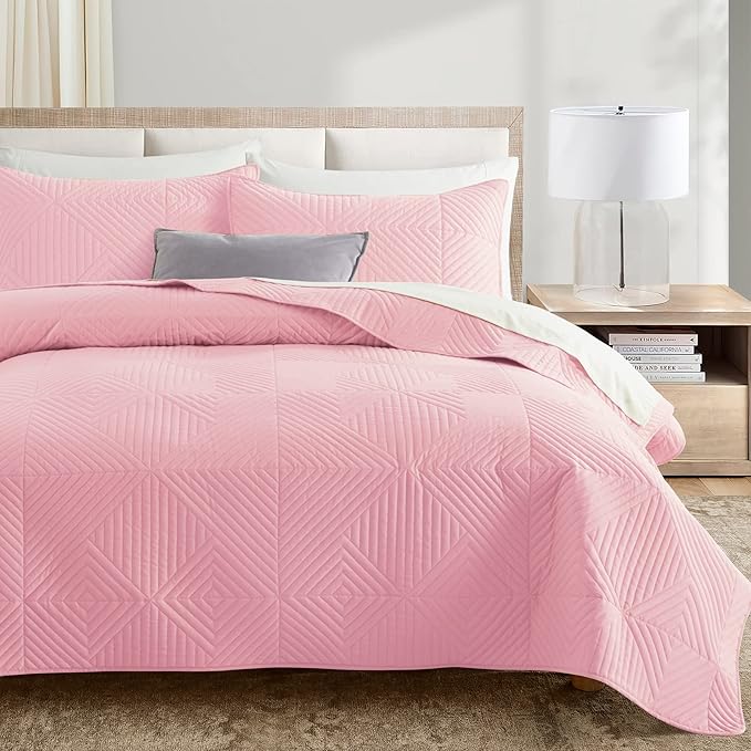Lavsiry Queen Pink Quilt Bedding Set, Summer Lightweight