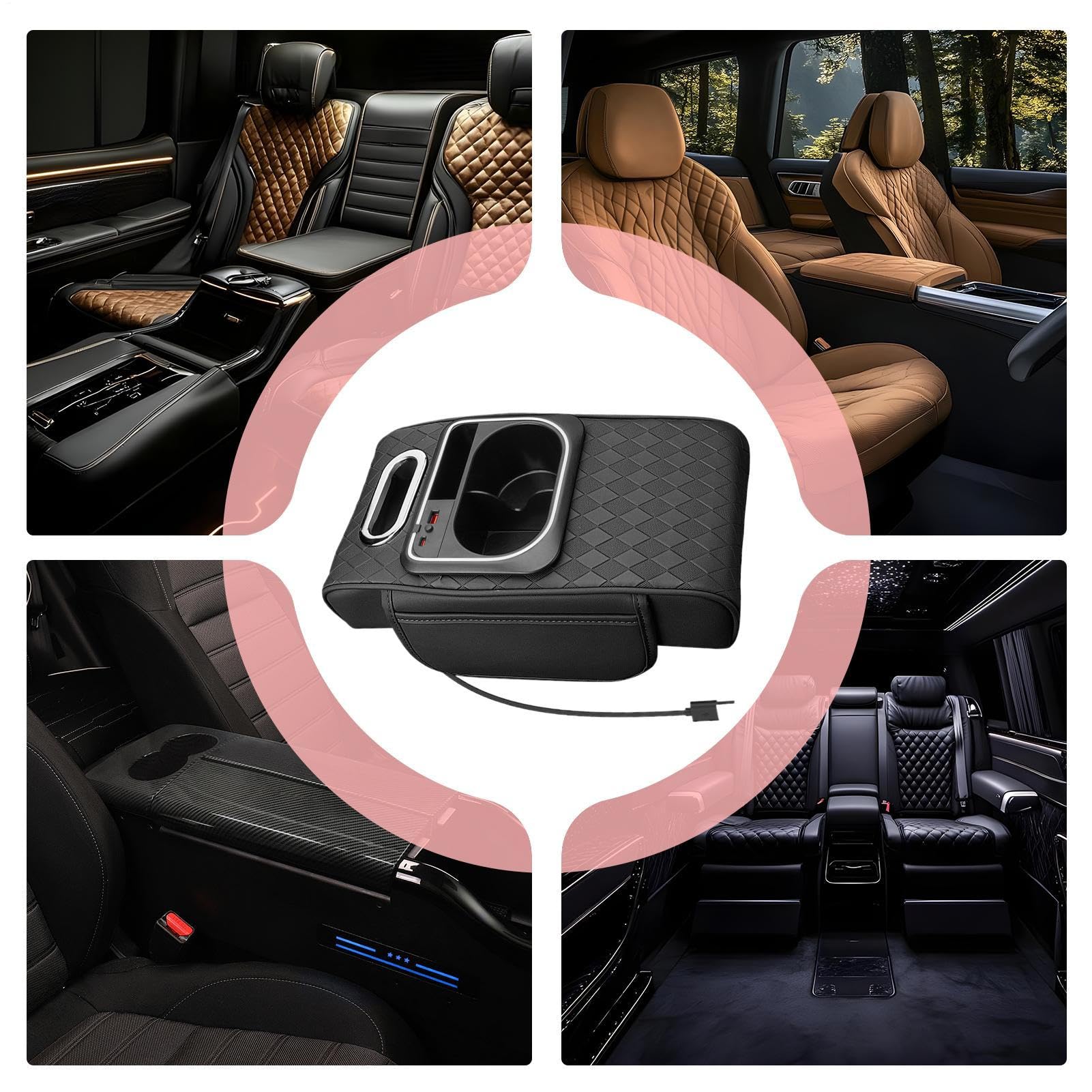 Générique Car Armrest Organizer, Multipurpose Storage Box, supporto ad alta elasticità, supporto per cuticole, built-in Cup and Tissue Holders, Comfortable Driving Accessory, 36,5 x 19,5 x 8 cm