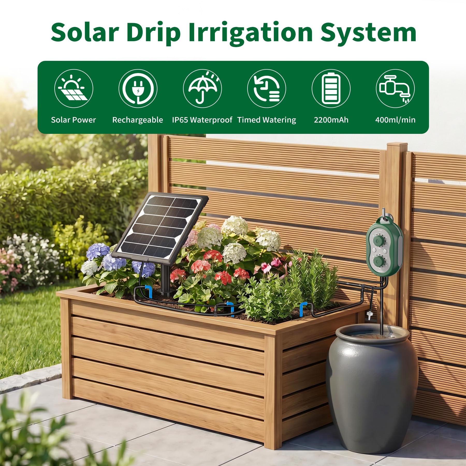Solar Bewässerungssystem Garten mit Steuergerät, Wiederaufladbar Automatische Bewässerung 132 Timer-Modi Bewässerungssystem Balkon für 15 Topfpflanzen für Garten, Balkon, Gewächshaus