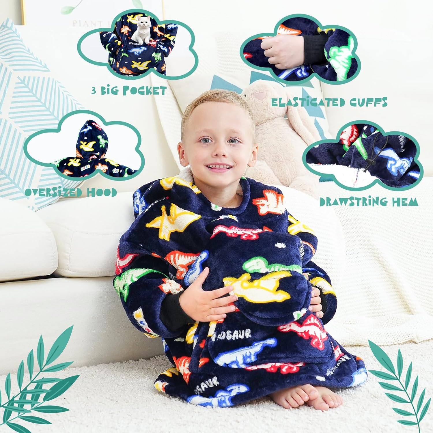 REXEO Wearable Blanket Hoodie for Kids Fleece Sweatshirt Blanket Dinosaur Gifts for Boys Girls Flannel Hooded Blanket with Pocket and Sleeves for Kids - Image 4