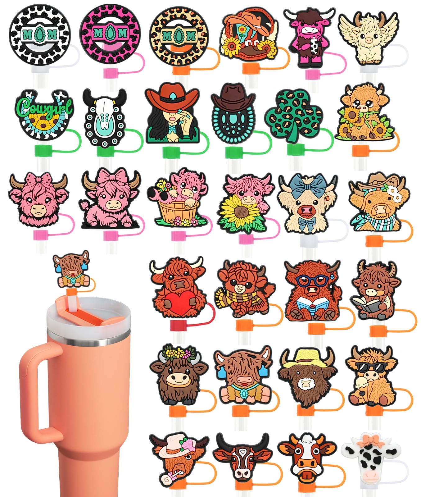30 Pack Cow Straw Covers Cap for Tumblers, 10mm Cute Dust-Proof Straw Topper for Water Bottles Stanley Cups Accessories Gifts For Women Party Favors