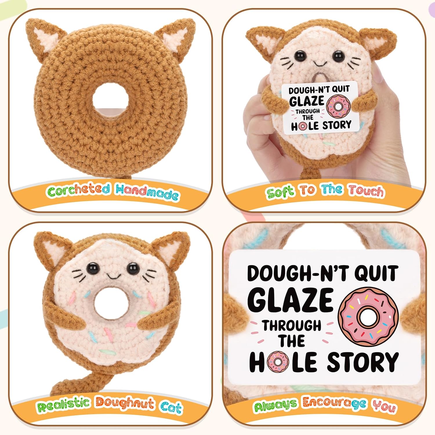 Funny Positive Coffee, Emotional Crochet Doll, Cute Crochet Potato Partner Toy with Positive Card Cheer Up Funny Gag Gifts for Best Friend Birthday Women Teacher Fall（Doughnut Cat image 3