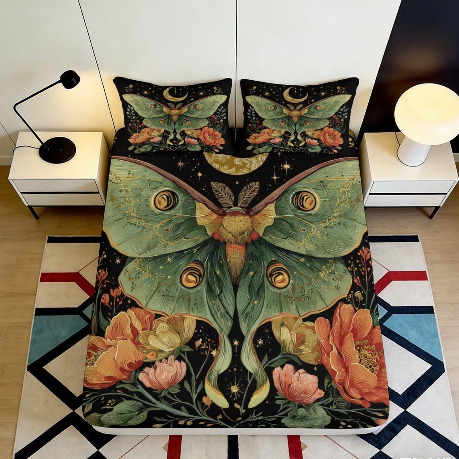 3D Printed Luna Moth Fitted Sheet Microfiber Soft Breathable Botanical Floral Mattress Cover for Bedroom Dorm Decor 200x200x25cm