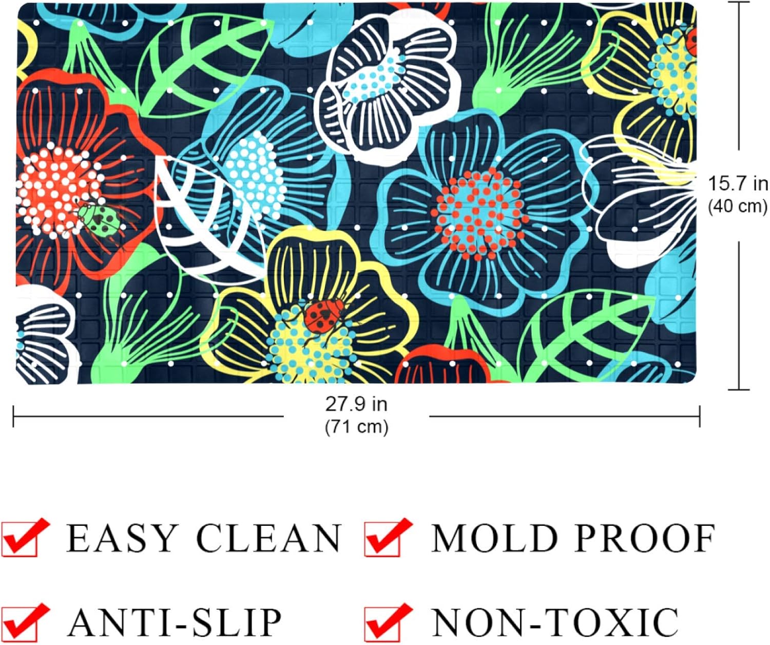 Bath Tub Shower Mat 14.7 x 26.9 inches Bold Colorful Large Floral Flower Pattern Print with Suction Anti Slip Stripes-Strong Grip Suction Cups for Smooth/Non-Textured Tubs, Marble Floors : Home & Kitchen