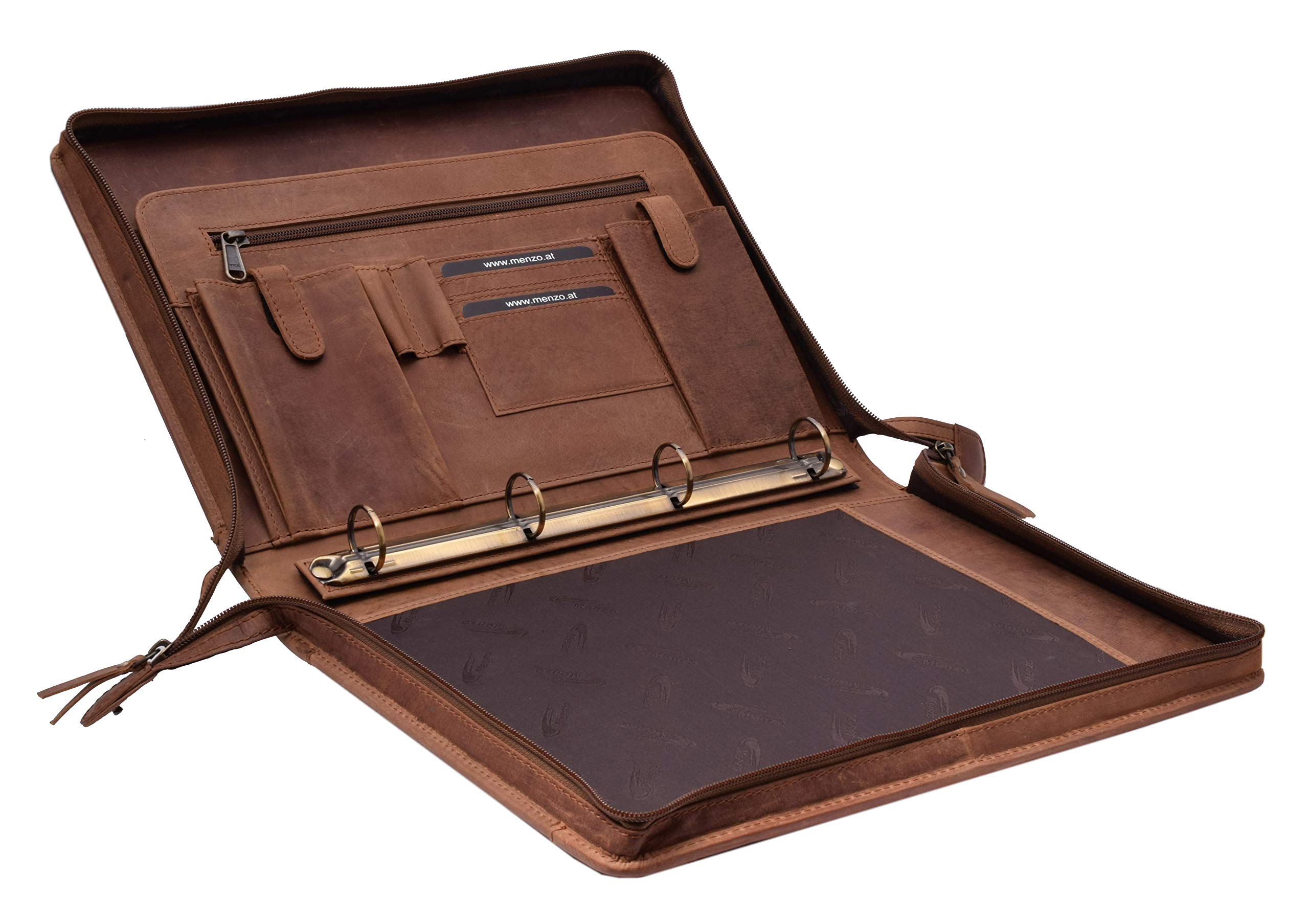 MENZO Lederschreibmappe, Dokumentenmappe, echtes Büffelleder Ledermappe, Schreibmappe, Businessmappe, Messenger bag, Mappe für Ringeinlagen, Konferenzmappe, Ledermappe, (braun/dunkelbraun)