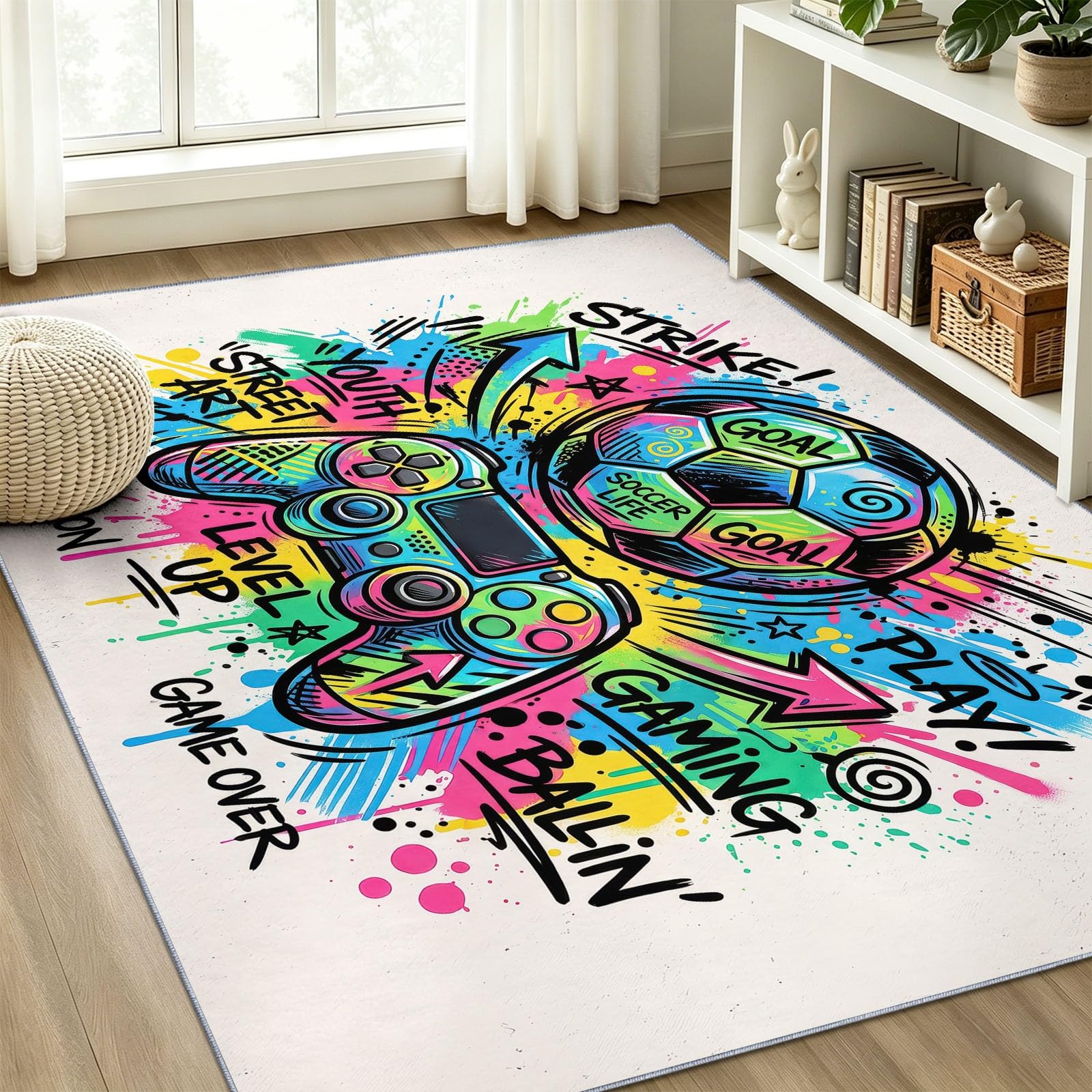 Tapis en Flanelle Graffiti Urbain Antidérapant Tapis Chambre, Tapis Vintage Sport Football Manette Jeu Doux Poil Court 60 x 110 cm pour Salon Cuisine Entrée - Beige Antidérapant Paillasson
