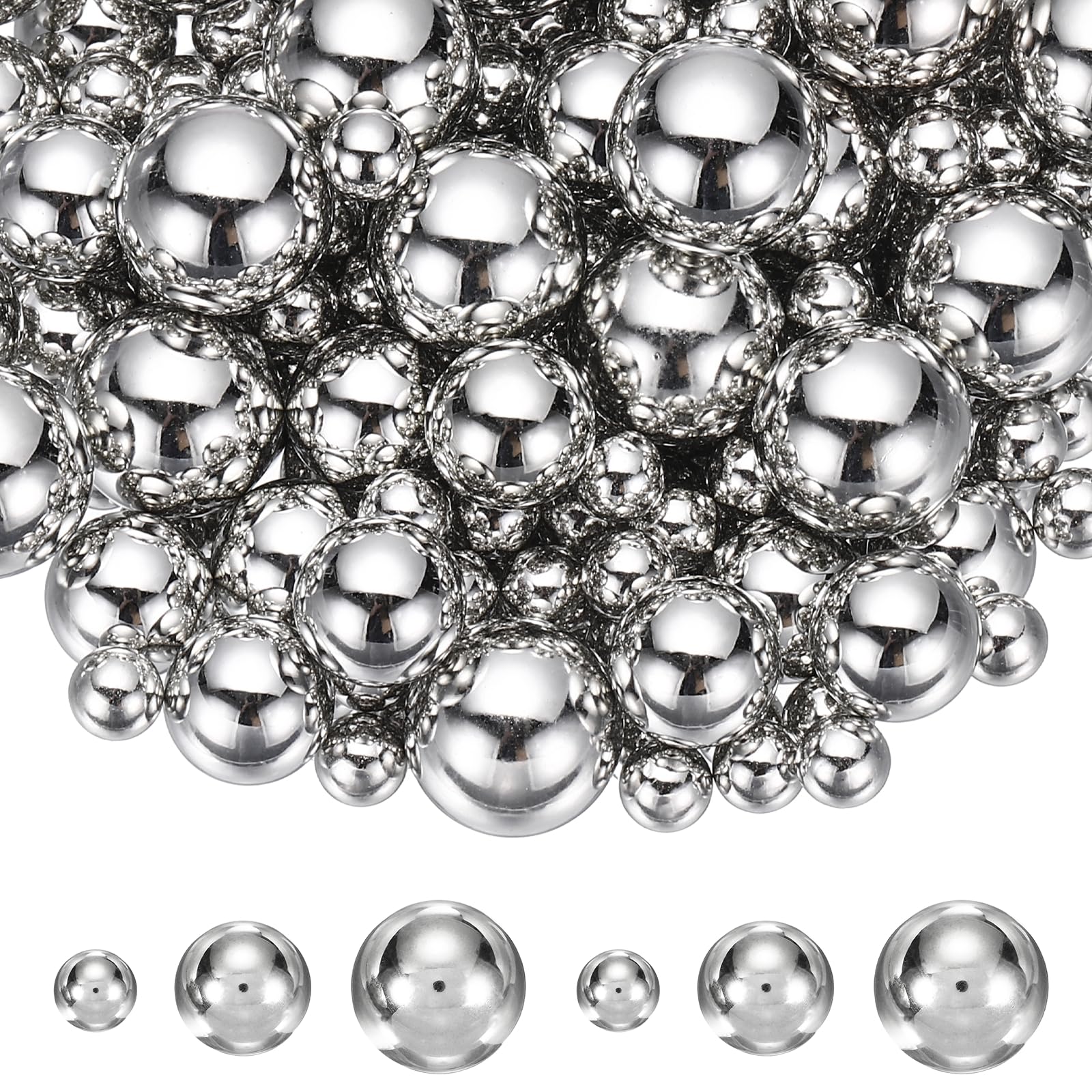 YELARXI 200Pcs No Hole Pearl Beads, 10/14/20mm Vase Fillers Faux Pearl for Crafting Filling Home Party Decorations Wedding Centerpieces, Bright Silver