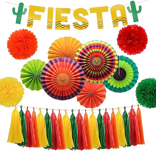 Suministros para fiestas mexicanas, decoraciones de fiesta – Abanicos de papel, pompones de flores, guirnaldas de borlas para fiesta tropical