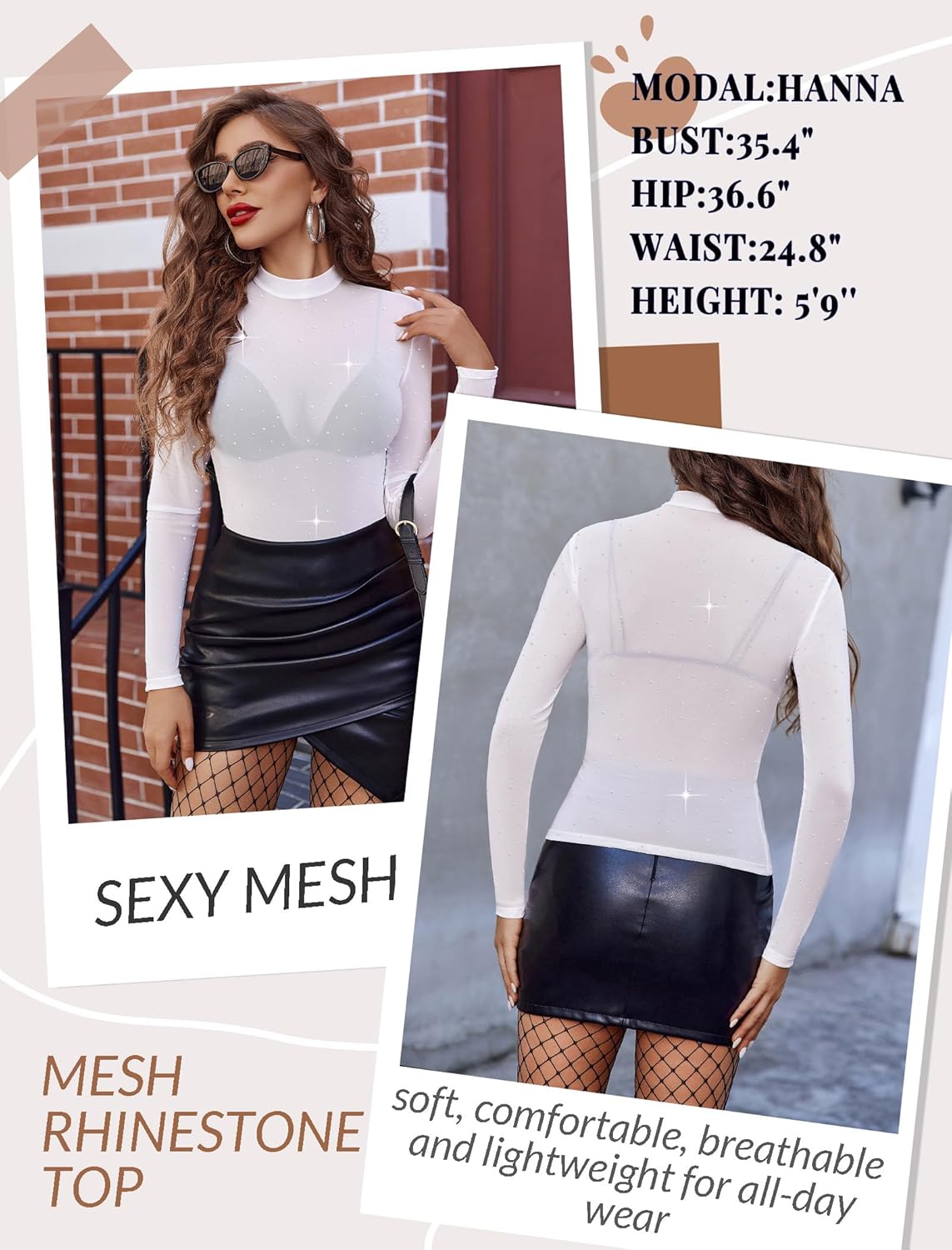 Avidlove Mesh Top Women Rhinestone Sheer Tops for Women Long Sleeve See Through Shirt Mock Neck Tee Blouses S-XXL - Image 5