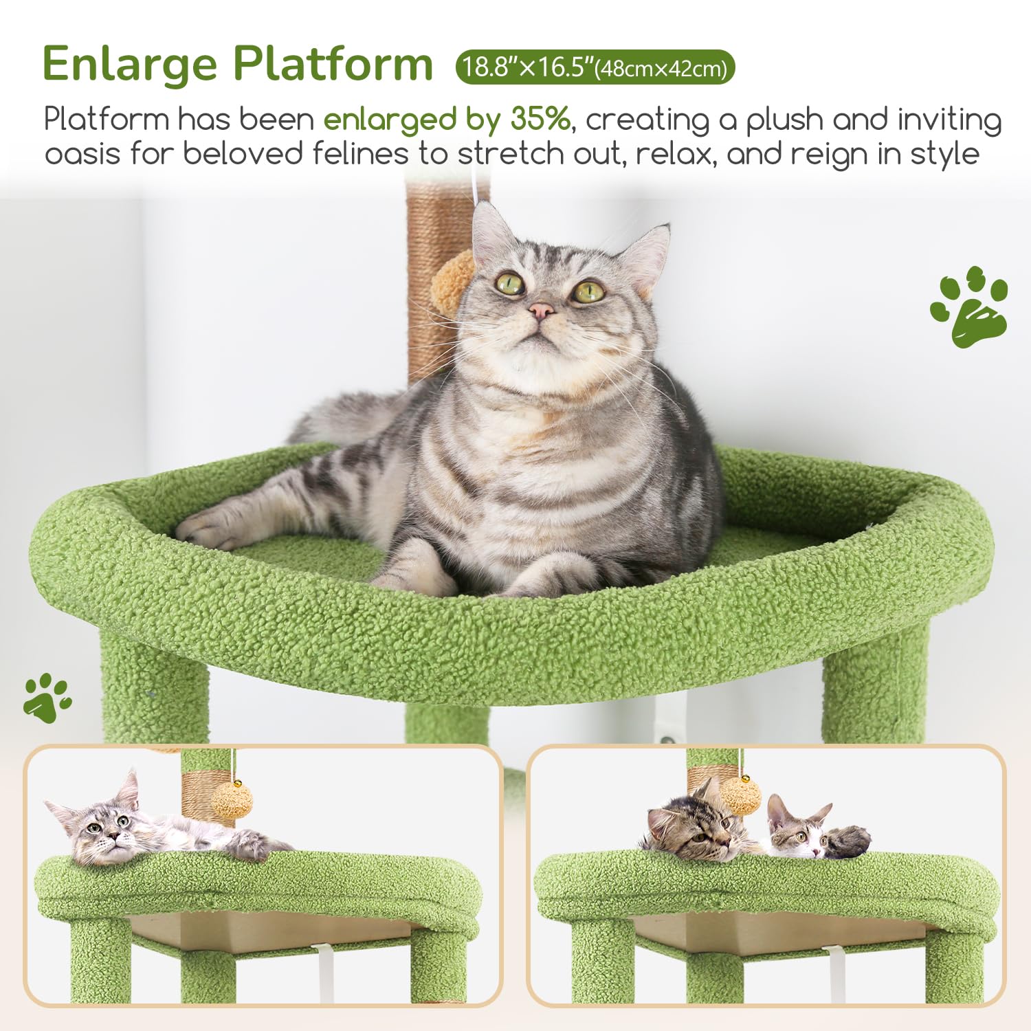 Globlazer Tiragraffi Cactus Verde per Gatti Grandi Alto 165cm con 2 Grandi Imbottiti Piattaforma 48*42CM, Extralarge Amaca, Grotte, Trespoli, Albero Torre Stabile con Supporto per Gatto (S65, Verde)