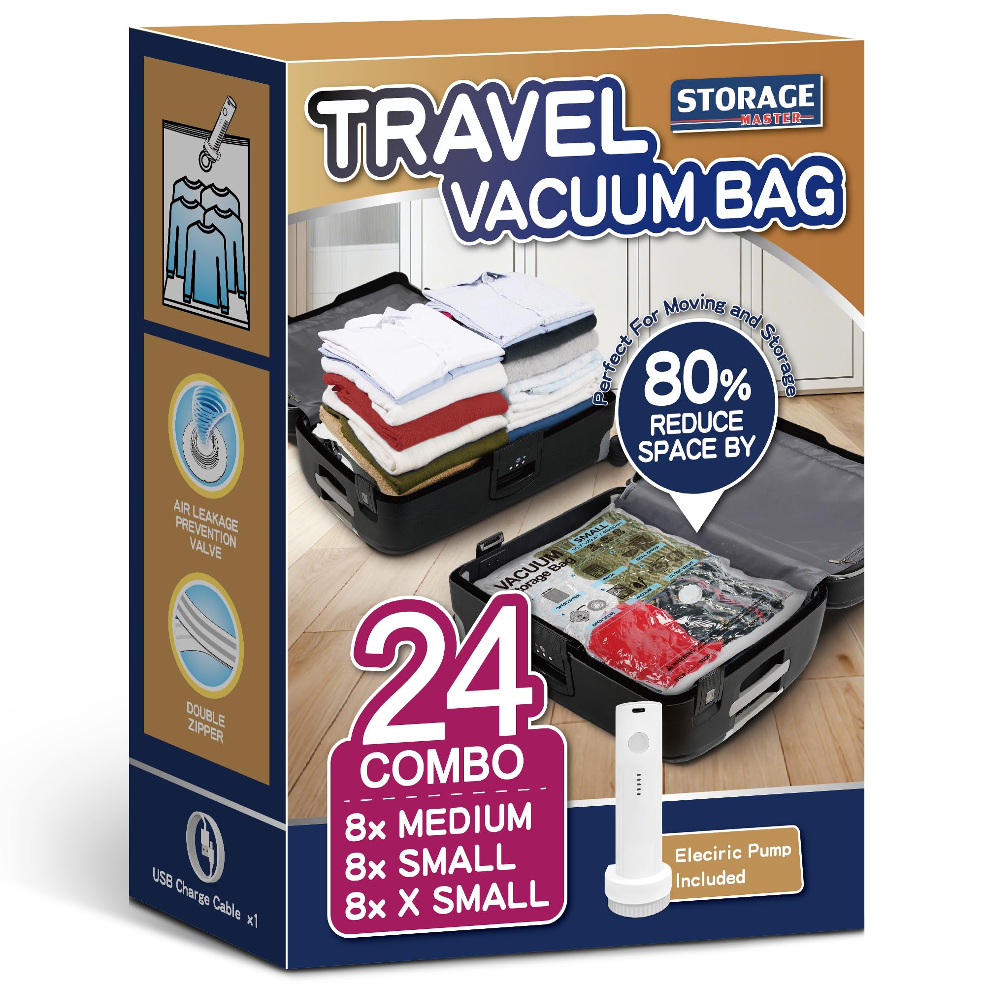 Storage Master Space Saver Bags for Travel and Home Reusable Vacuum Storage Bags Save 80% More Storage Space (24, Mixed Sizes)