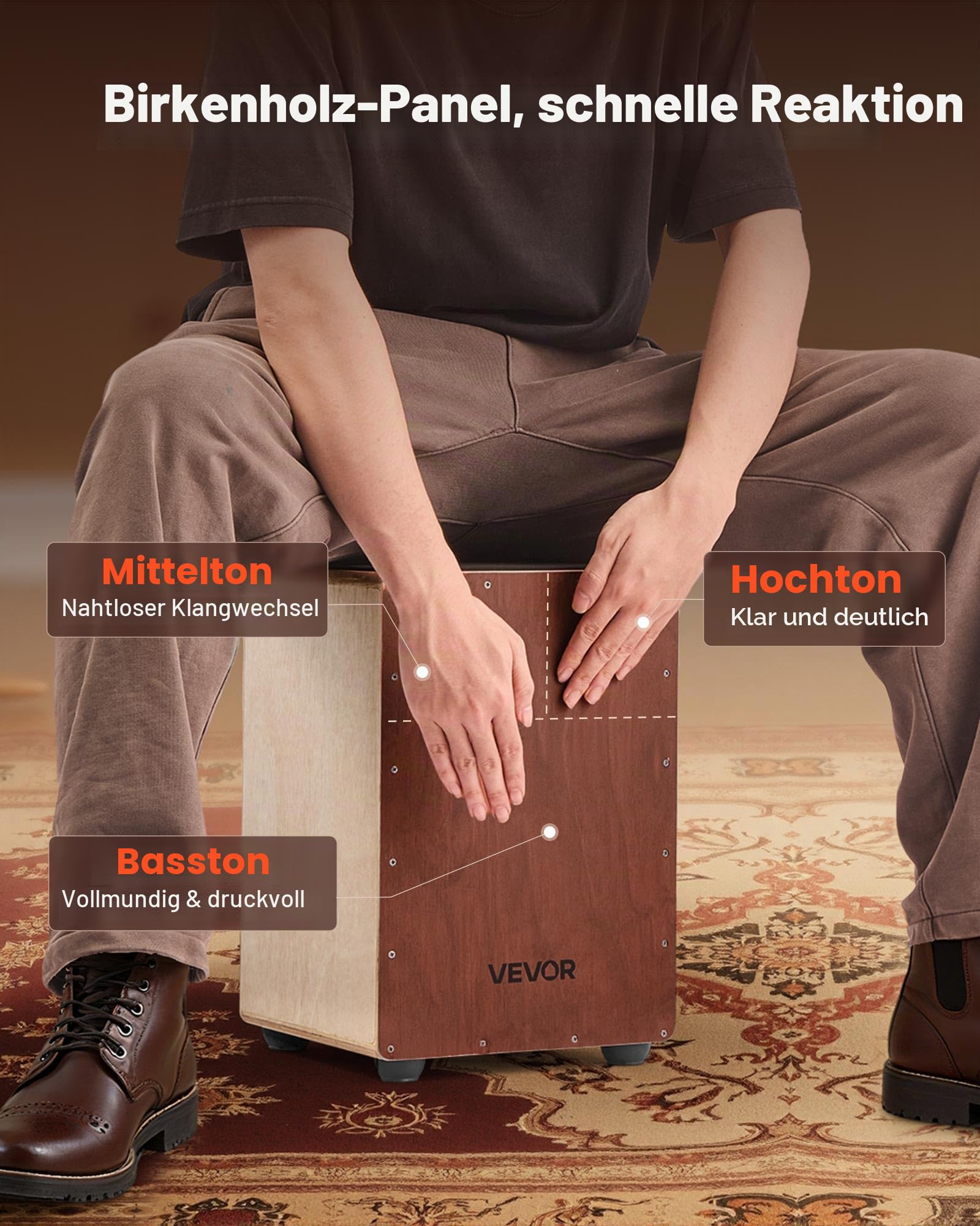 VEVOR Cajon, Kistentrommel, mit internen Snare-Drähten, kompakte & leichte Drum-Box aus Holz, Trommel-Musikinstrument mit Silikonfüßen, abgerundeten Kanten, für Anfänger & Profis, 255x255x380 mm