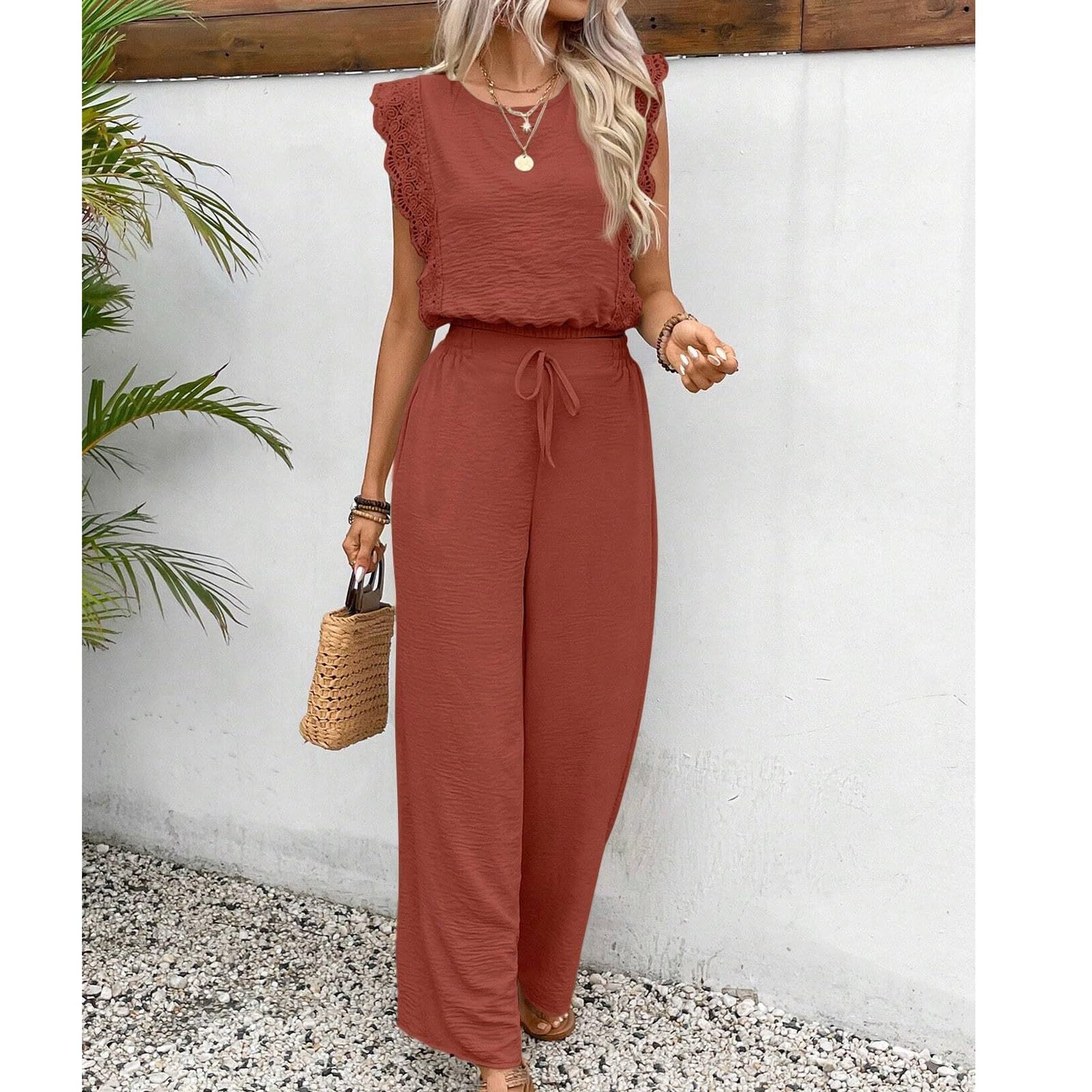 Atuendo Mujer Moderno Primavera Cintura Alta Tops Y Pantalones Sin Mangas Sportiva Tejer Delgado Color Sólido