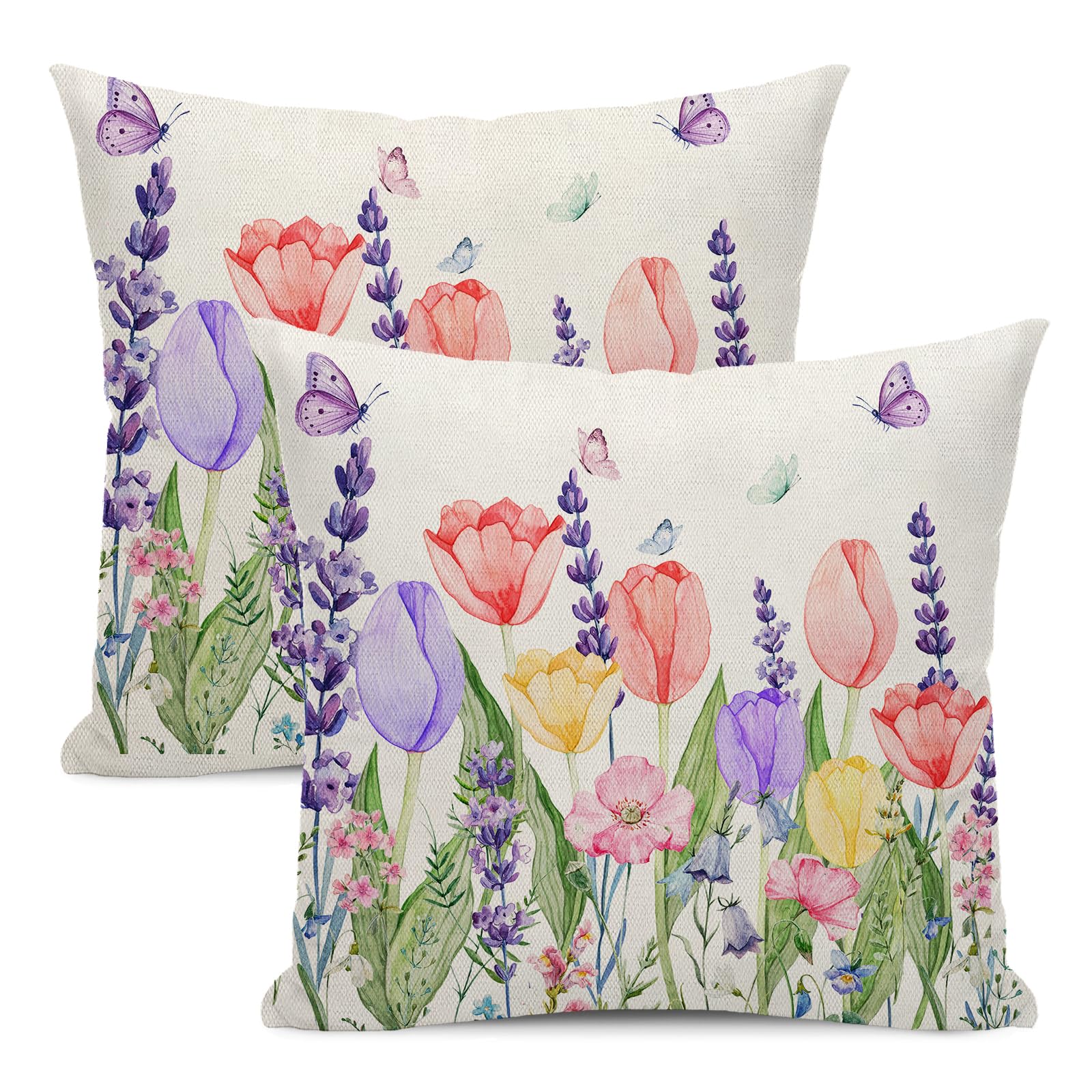 Set Of 2 Spring Tulip Pillow Covers 16x16 - Lavender Butterfly Farmhouse Decor, Linen, Perfect For Couch Or Gift