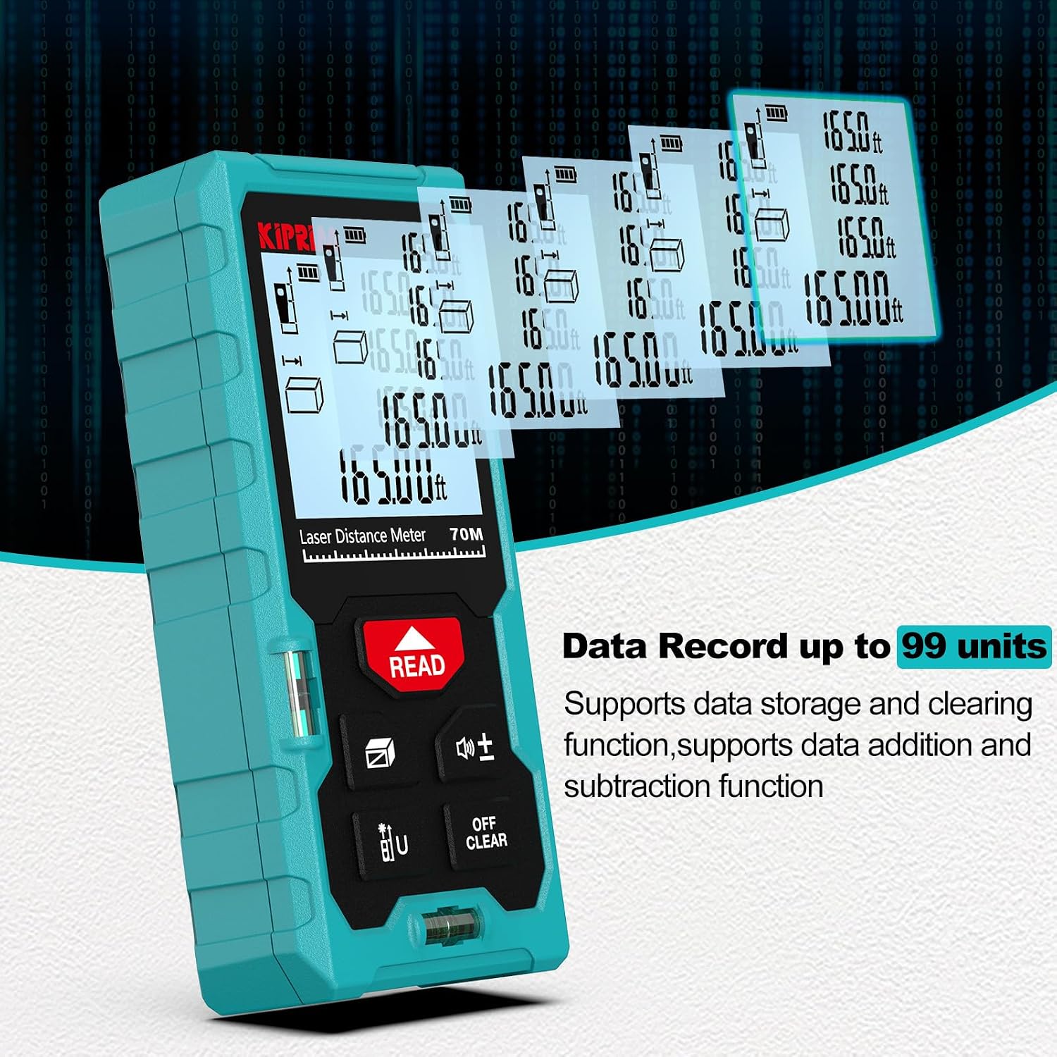 Kiprim LD70E displaying multiple stored measurement data entries