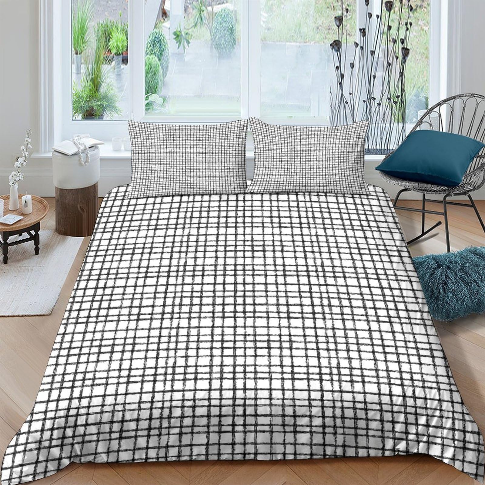 XFKLYNVCJ 3D Printed grid_pattern Comforter Cover Brushed Microfiber minimalist_black_white Quilt Cover Wrinkle Resistant Hypoallergenic for Young Adults Rental Studio Use Single（140x200cm）