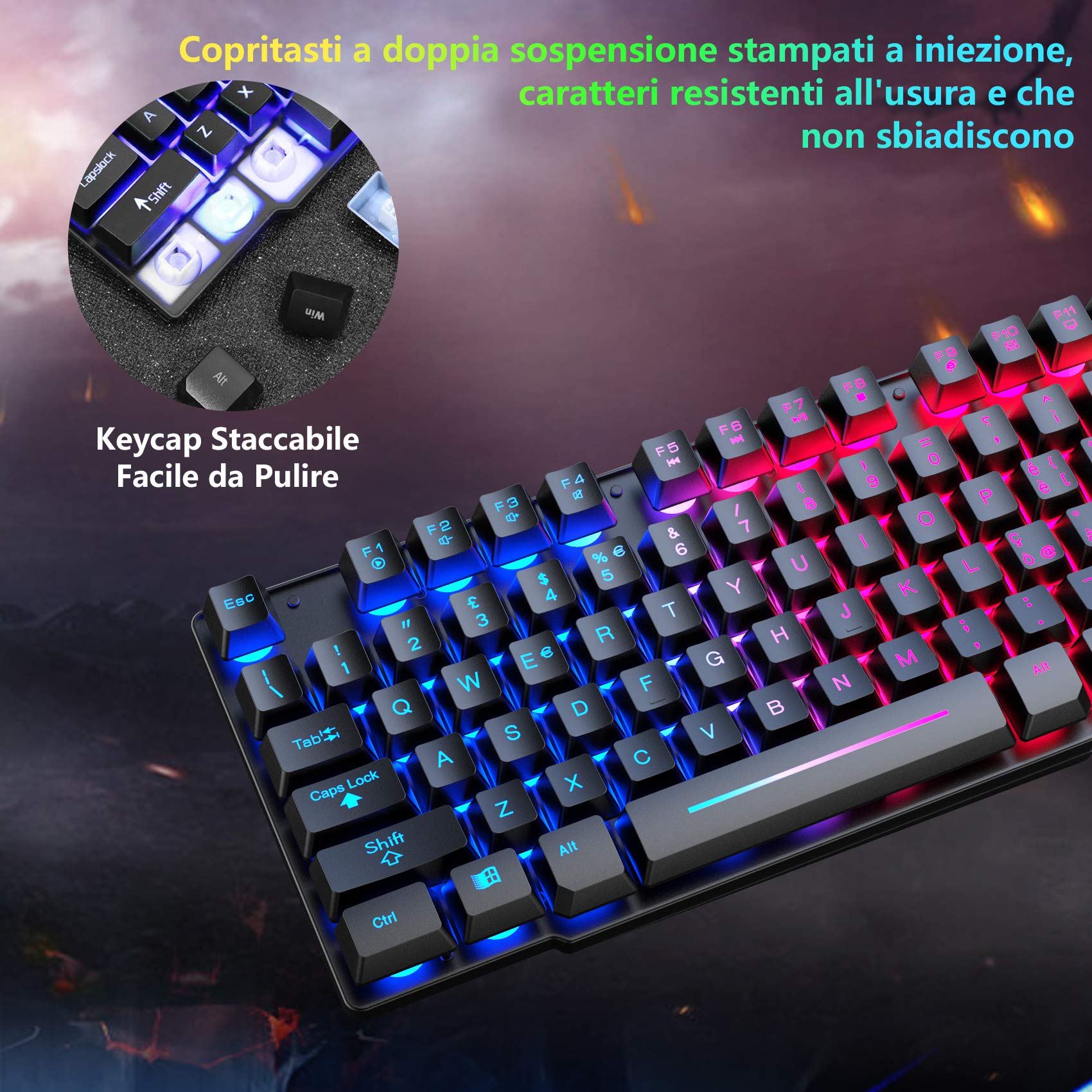 Tastiera E Mouse Gaming Con Poggiapolsi - LED Arcobaleno, Layout Italiano, Mouse 2400 DPI, Per PC - Foto 10