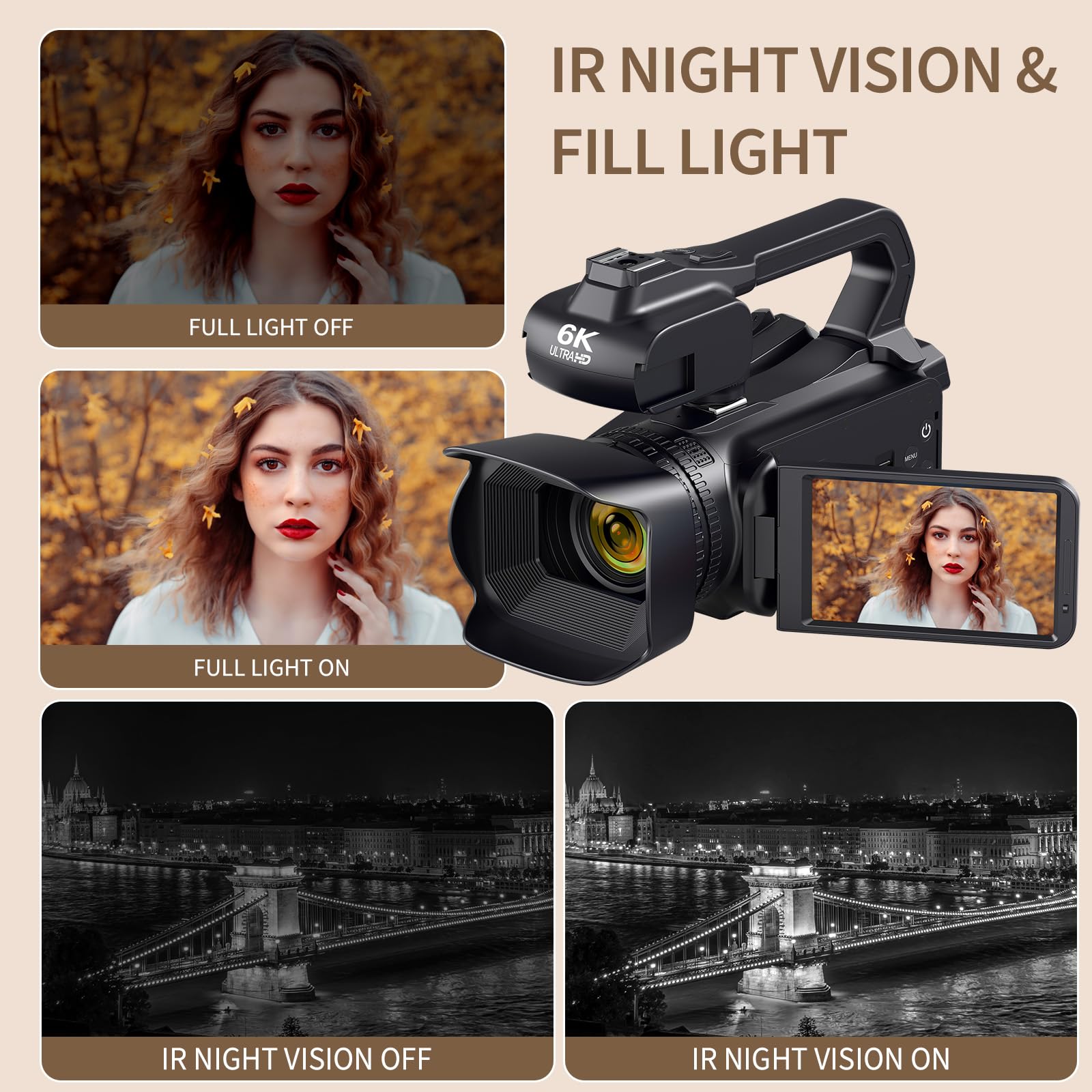 Camcorder Video Camera 6K 64MP IR Night Vision Vlogging Camera for YouTube 18X Digital Zoom 4.0" Touch Screen Digital Camera with WiFi, Microphone, Charger, Stabilizer, Remote Control and 64GB SD Card