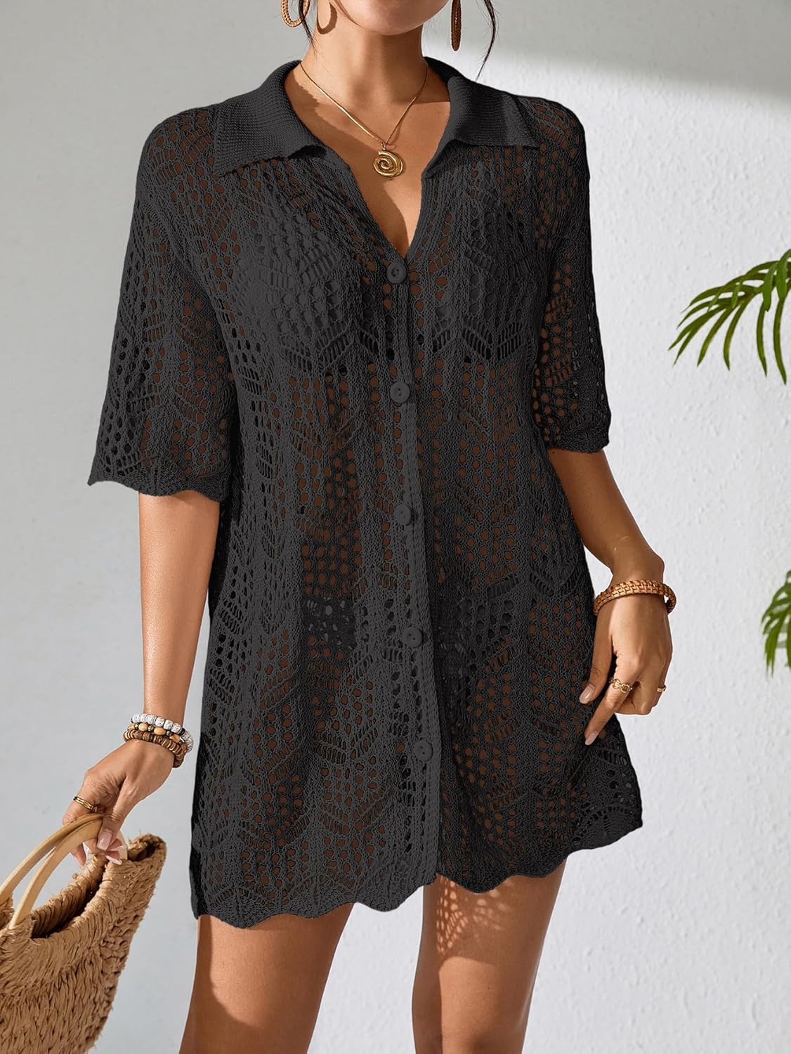 Womens Crochet Knit Polo Collar Swimsuit Coverup Cardigan Summer 2025 Beach Bathing Suit Cover Up Shirt Dress - Image 6