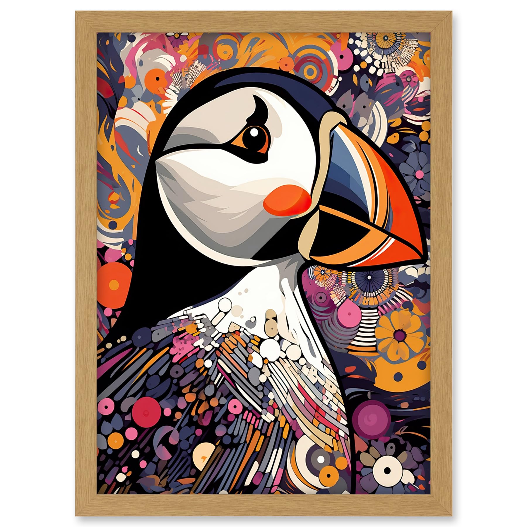 Artery8 Puffin Bird Geometric Patterns Colourful Busy Bright Psychedelic Modern Maximalist Artwork Framed A3 Wall Art Print