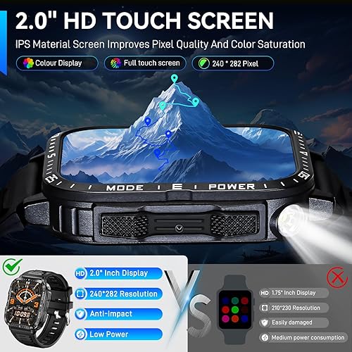 Miniatura 4 de Reloj inteligente militar para hombre con linterna LED de 2.0 pulgadas, pantalla grande, reloj inteligente táctico de 430 mAh, batería grande,