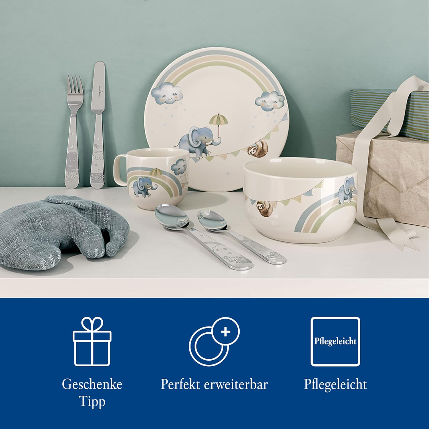 Villeroy & Boch Boho Kids Walk Like An Elephant Children's Plate, Blue, Dishwasher Safe, Microwave Safe, Dinner Plate, Children's Plate, Ceramic, Animal Motif, Elephant and Sloth, Premium Porcelain